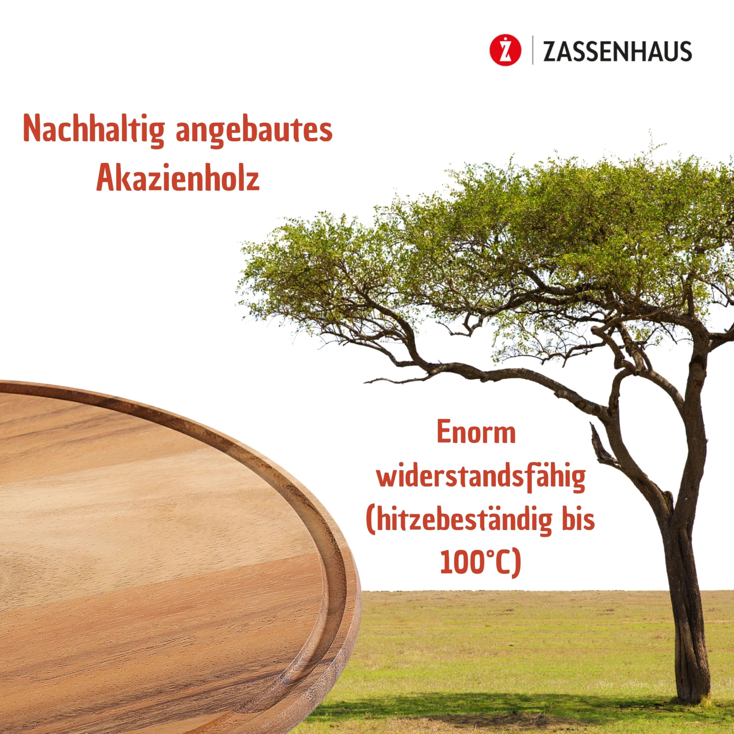 Zassenhaus Piatto per Pizza in Legno di Acacia - Diametro 33 cm, Coltivato in Modo Sostenibile - Vassoio Rotondo con Scanalatura per Servire Pizza o Torte Fiamme - Tagliere
