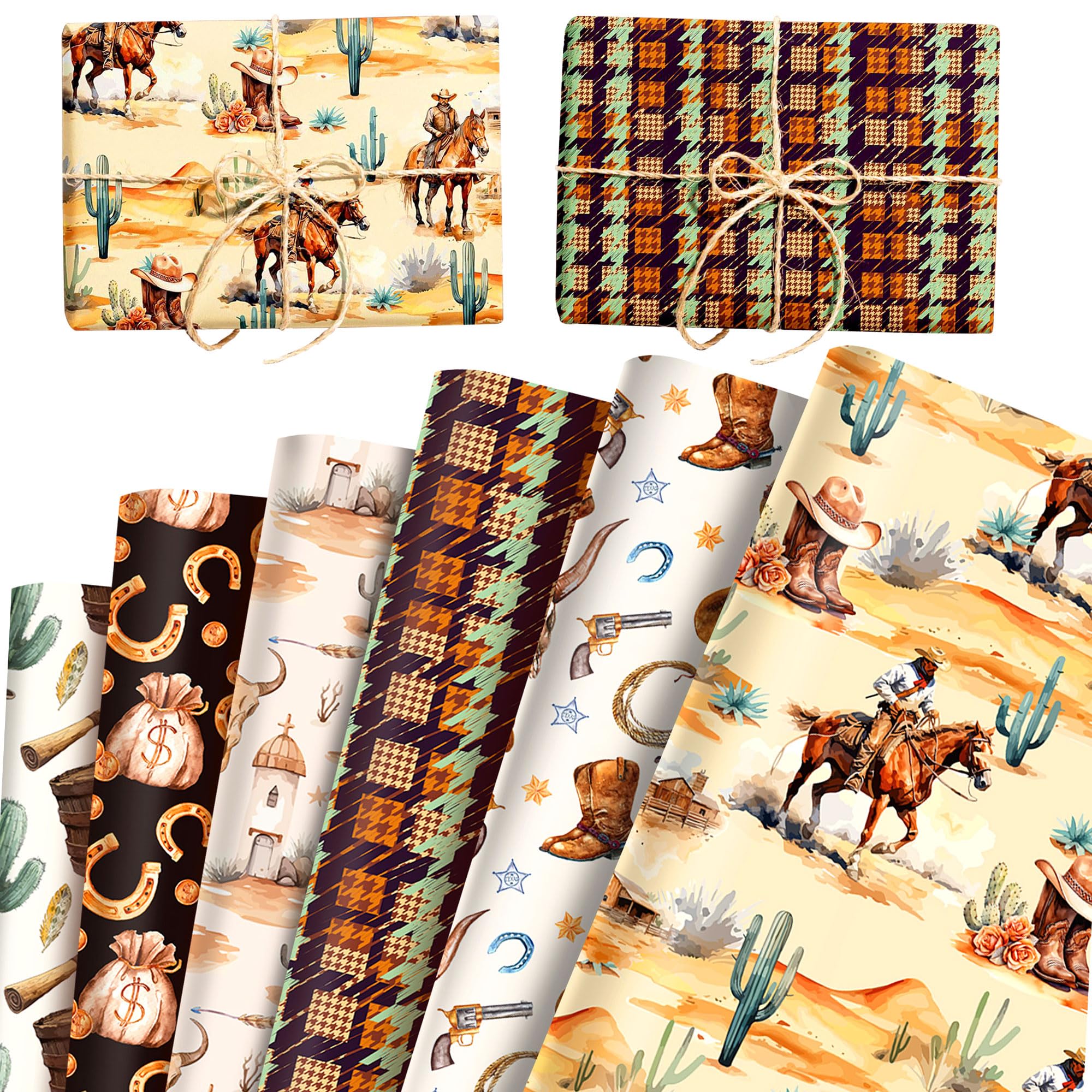 12 Sheet Western Cowboy Wrapping Paper Horse Gift Wrap Paper Wild West Desert Rodeo DIY Craft Gift for Birthday Party Baby Shower Bridal Shower Wedding Decoration