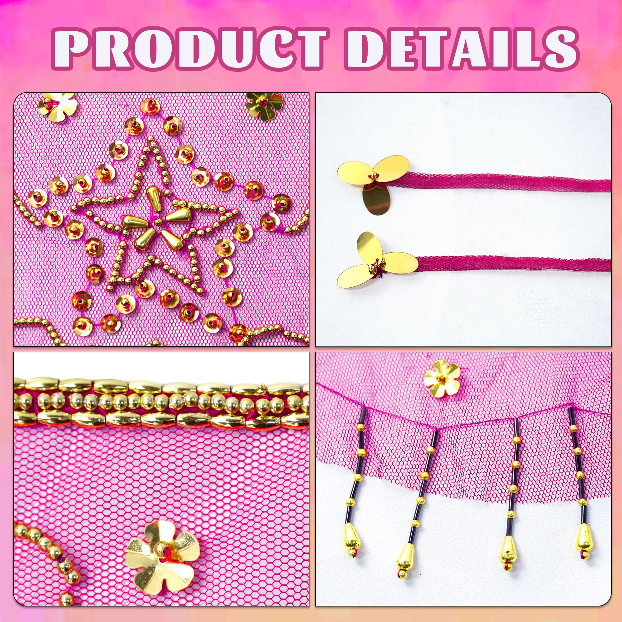 Baisdan Belly Dance Face Veil with Beads Sequins Cosplay Halloween Carnival Costume Accessory, Rose - Image 3