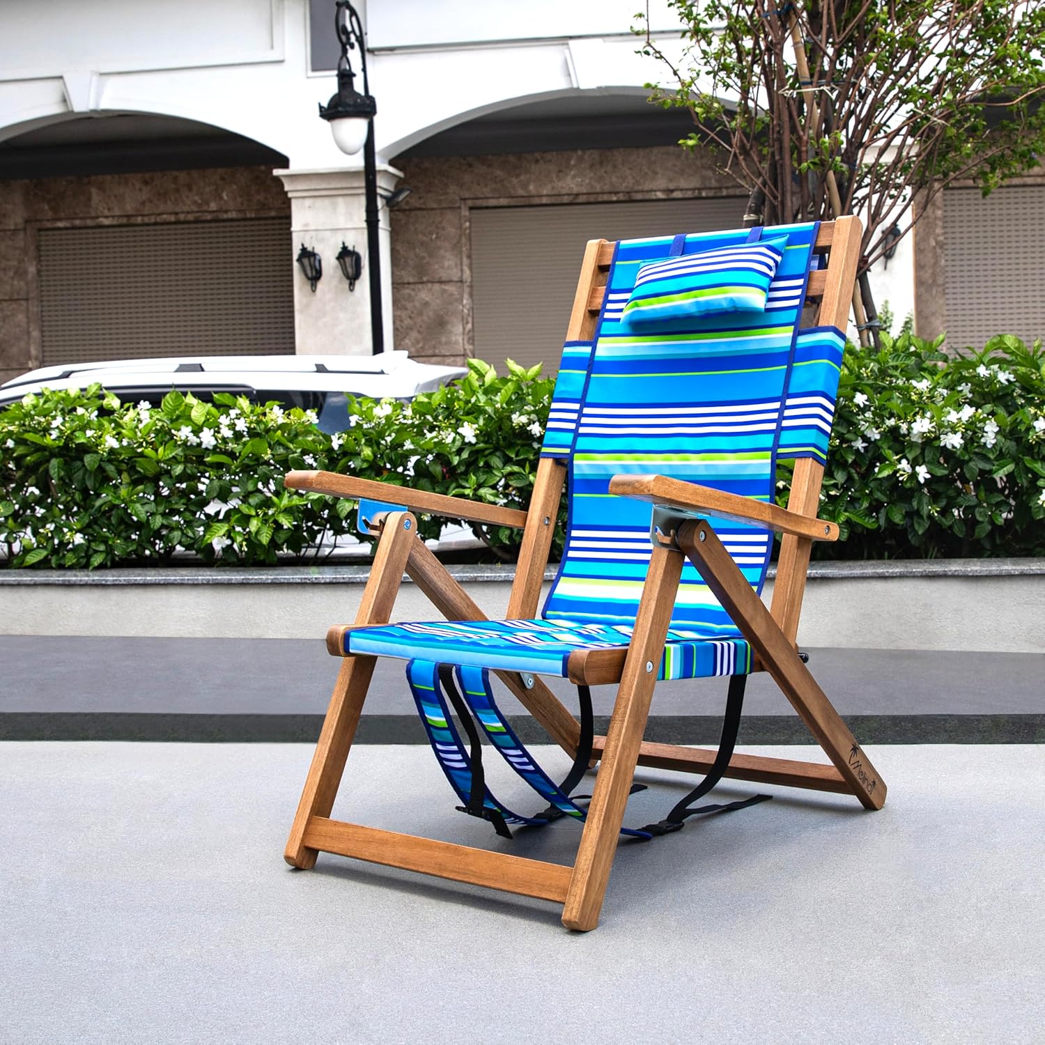 Melino Wooden Folding Outdoor Chair – 3-Position Reclining Beach Sling w/ Pillow, Zipper Pouch, Carry Strap – Acacia Wood Frame for Patio, Lawn, Garden, Pool 225 lbs Support - Portable Lounge, Stripe