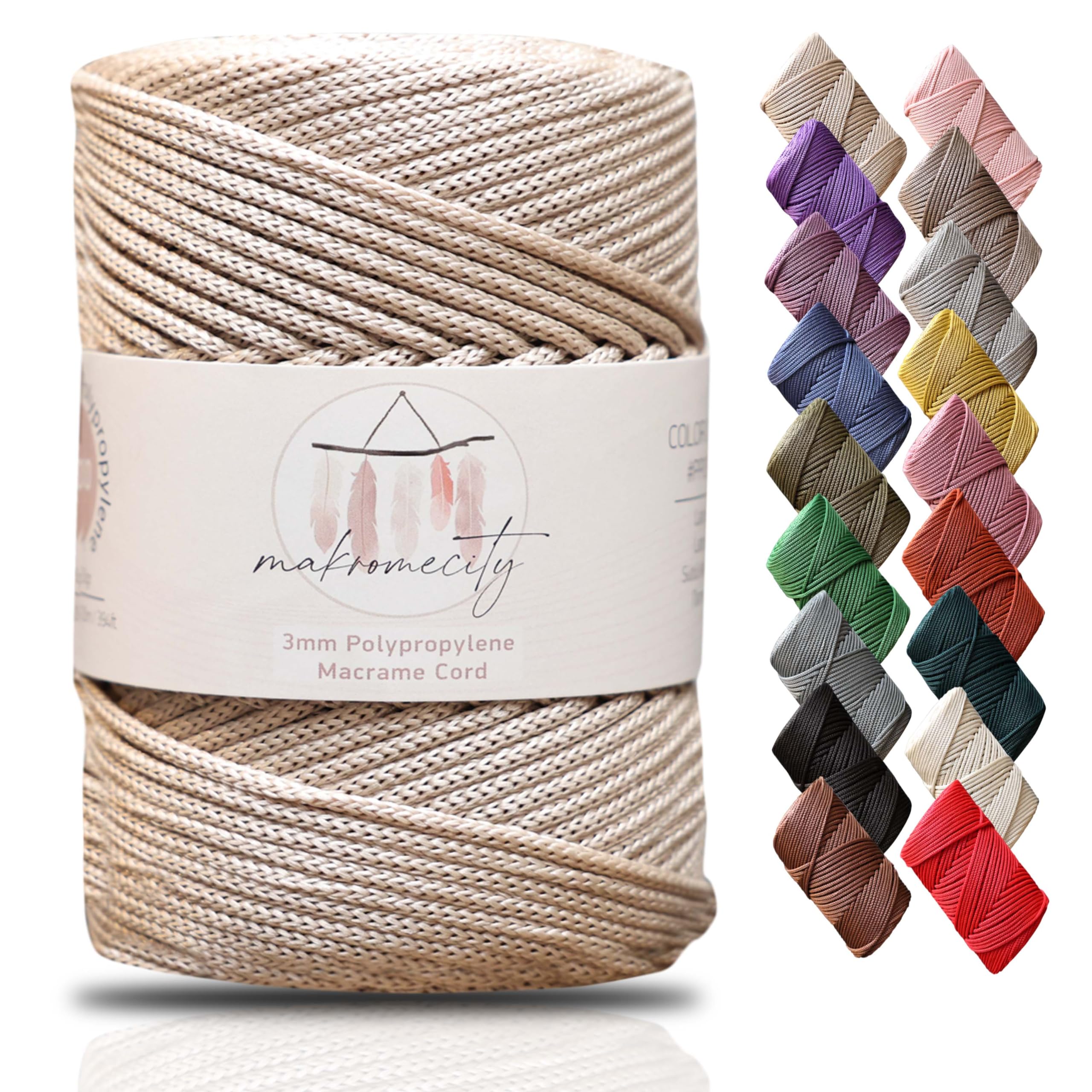 Makromecity Premium Polyester Macrame Cord, 3mm x 131 Yards (394 ft / 120m), Polypropylene, Latte, Macrame Cord for Wall Hangings, Bags, Underplate, Rug, Crochet & Knotting