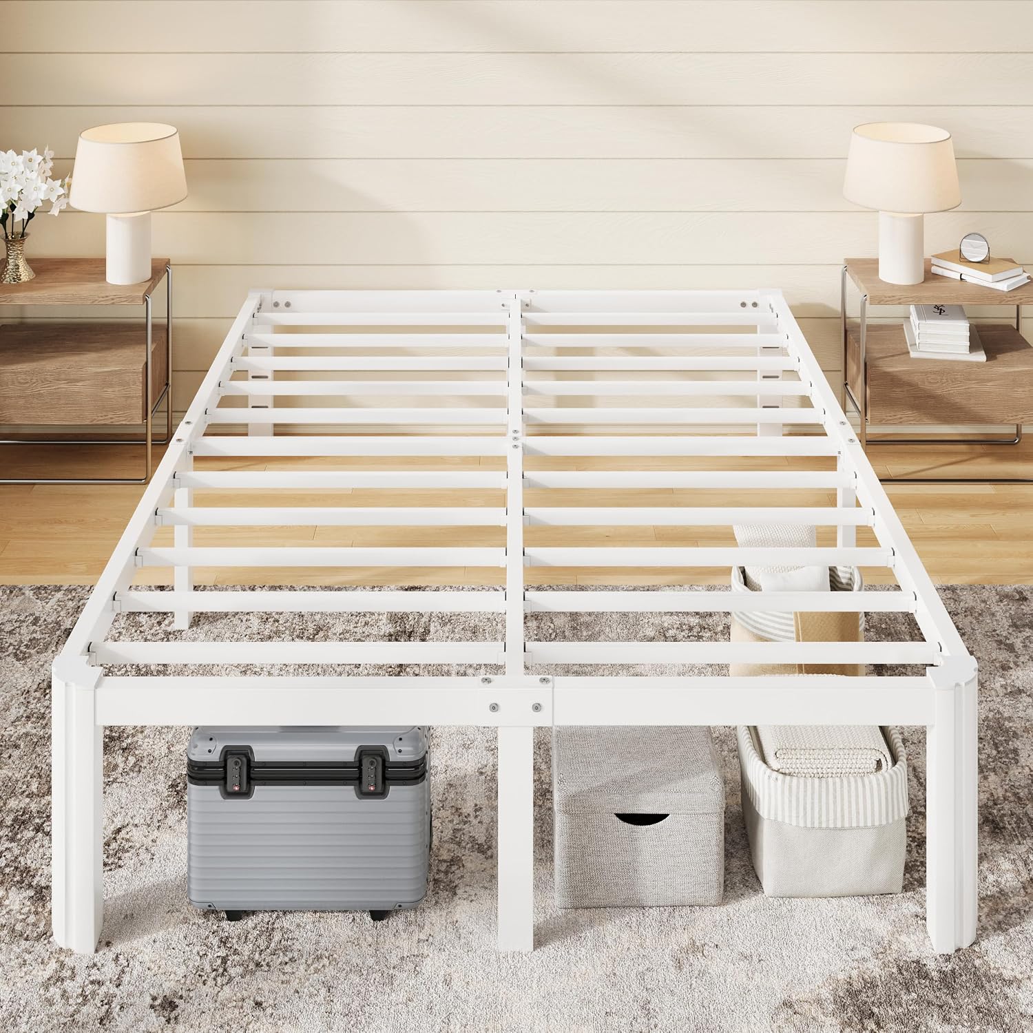 Allewie Metal Queen Bed Frame, 14 Inch Tall with Rounded Corner, White