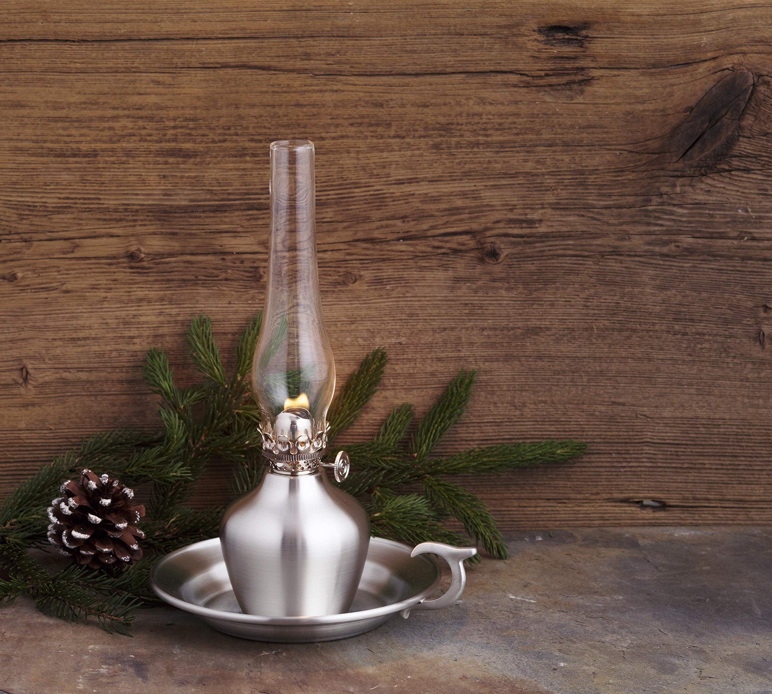 DANFORTH Chamber Oil Lamp, Satin Finish Vintage Oil Lamp Featuring a Handspun Pewter Base and an Elegant Glass Globe, Perfect Ambiance Indoors or Outdoors, Made in The USA, Holds 5 Oz., 8.75” Tall