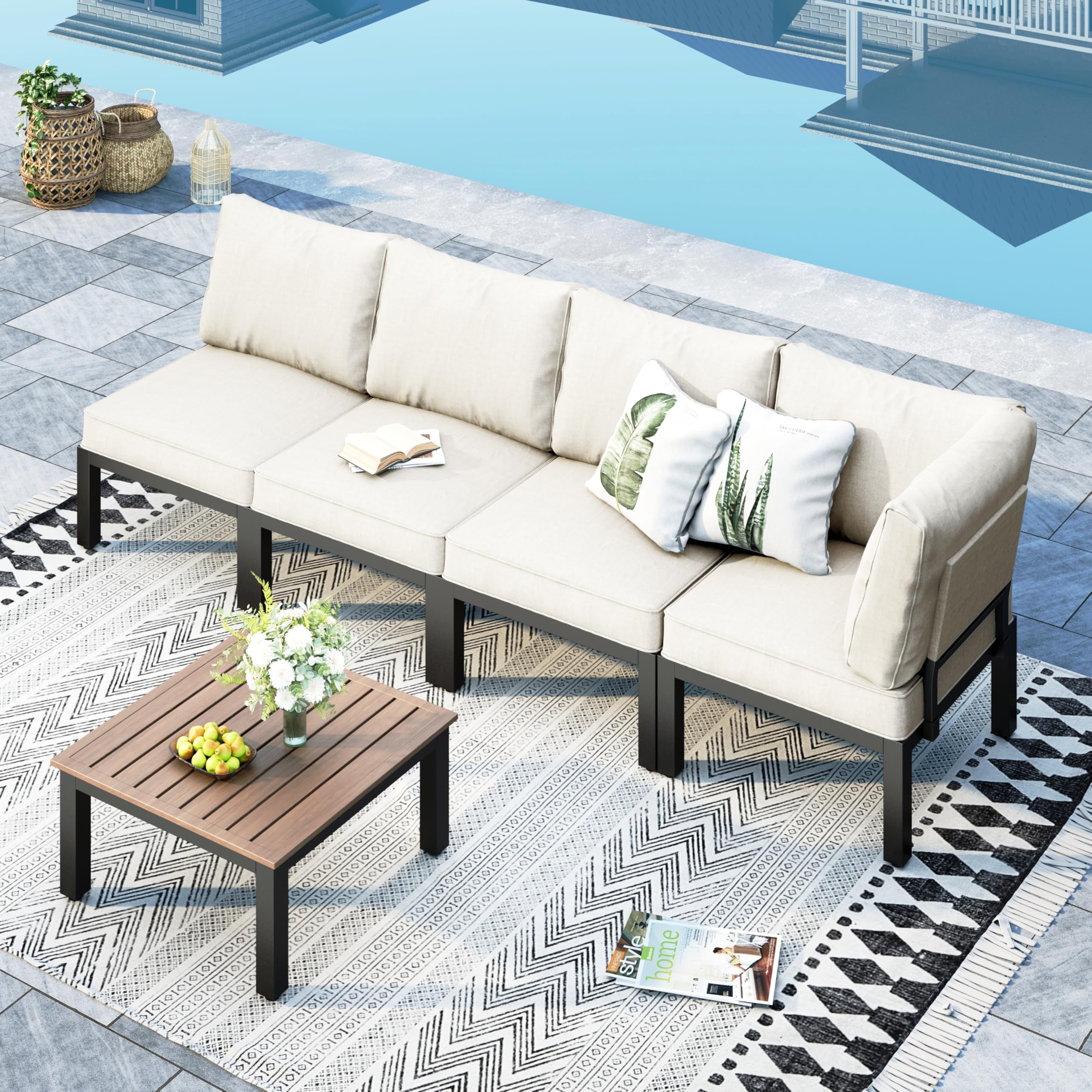 MFSTUDIO Gartenmöbel Set, Lounge Möbel Outdoor, Terassenmöbel mit Couchtisch und Abnehmbarem Kissen, Outdoor Sitzgruppe Set mit Einzelner Stuhl, Tisch, frei kombinierbar(ohne Beistelltisch)