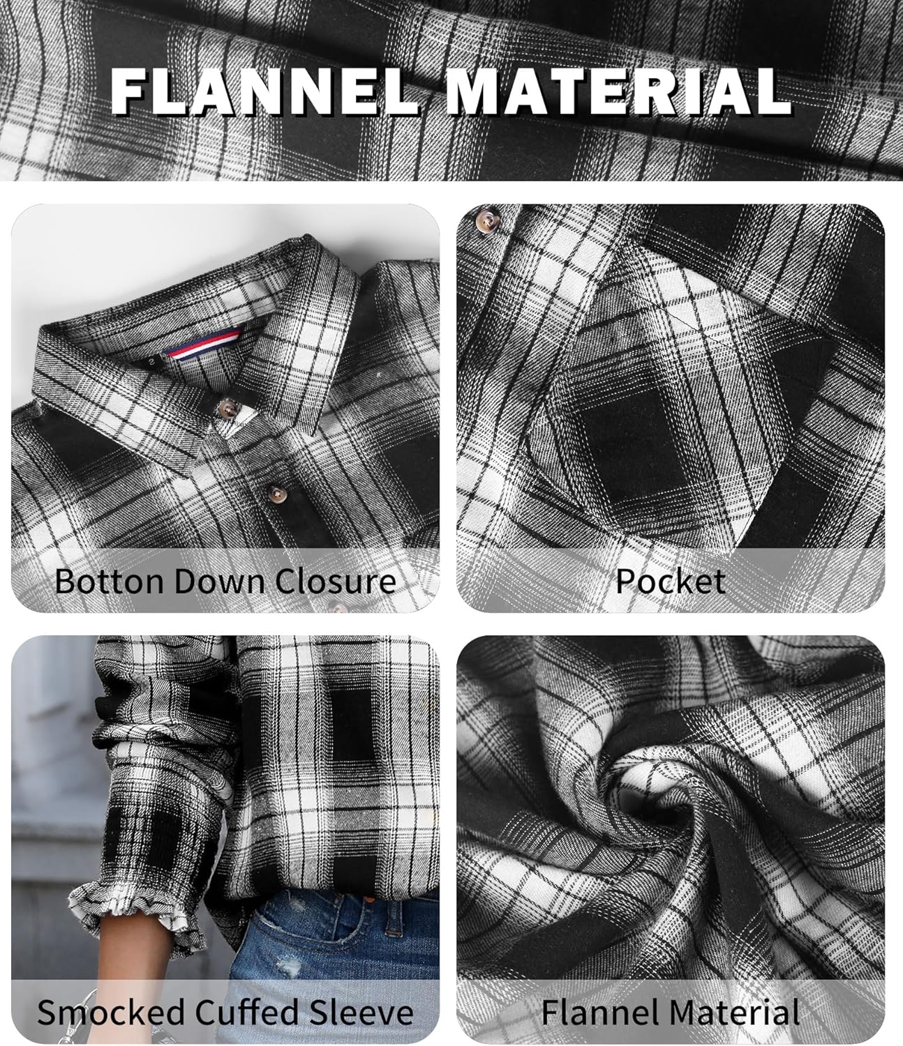 Deer Lady Womens Smocked Cuffed Long Sleeve Plaid Flannel Shirts Casual Button Down Shirt Buffalo Boyfriend Blouse Top - Image 4