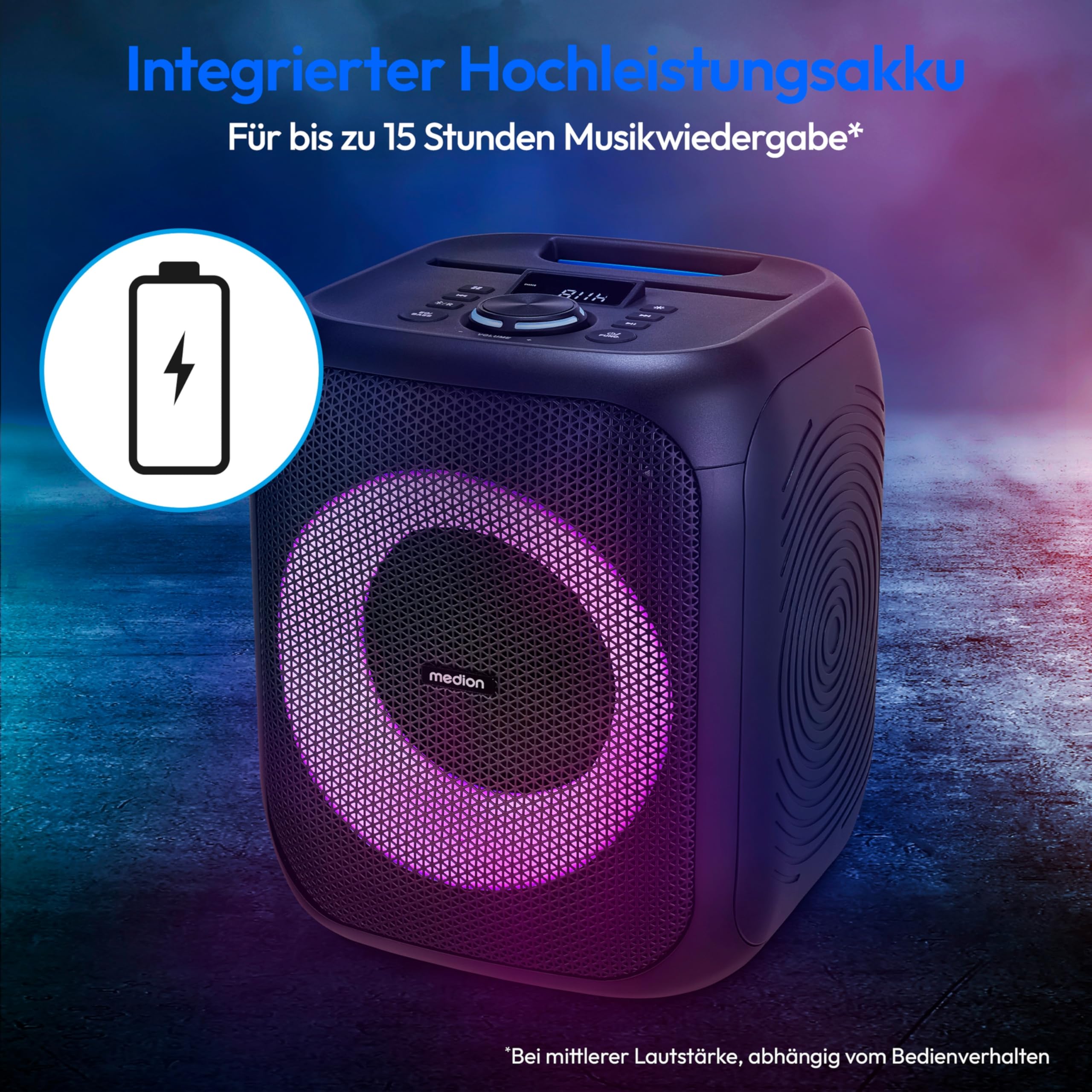 MEDION S61991 Partylautsprecher mit Bluetooth (Partysoundsystem inklusive Mikrofon, Party Box, tragbares Soundsystem, integrierter Akku, für drinnen und draußen, Lichteffekte, TWS)