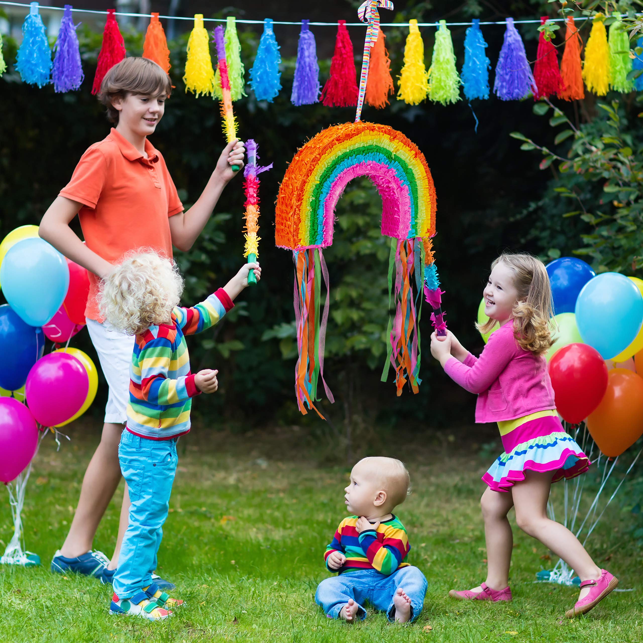 4-częściowy zestaw Pinata tęczowy, XXL worek konfetti 0,28 kg, pałeczka do pinata z maską na oczy, piñata, kij do pinata i maska, kolorowy