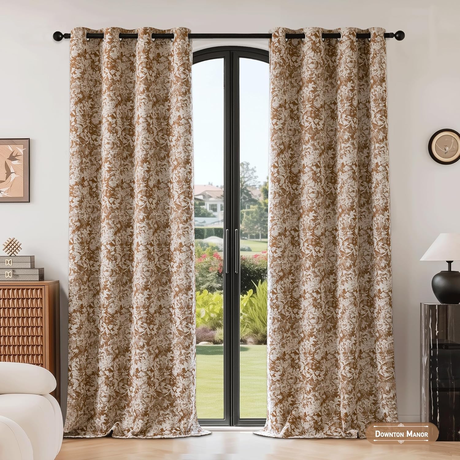 Beauoop Brown Floral Jacquard Blackout Curtains 84 Inches Long 2 Panels for Bedroom Living Room Chenille Flower Room Darkening Thermal Insulated Soundproof Grommet Window Treatments Drapes, 52x84
