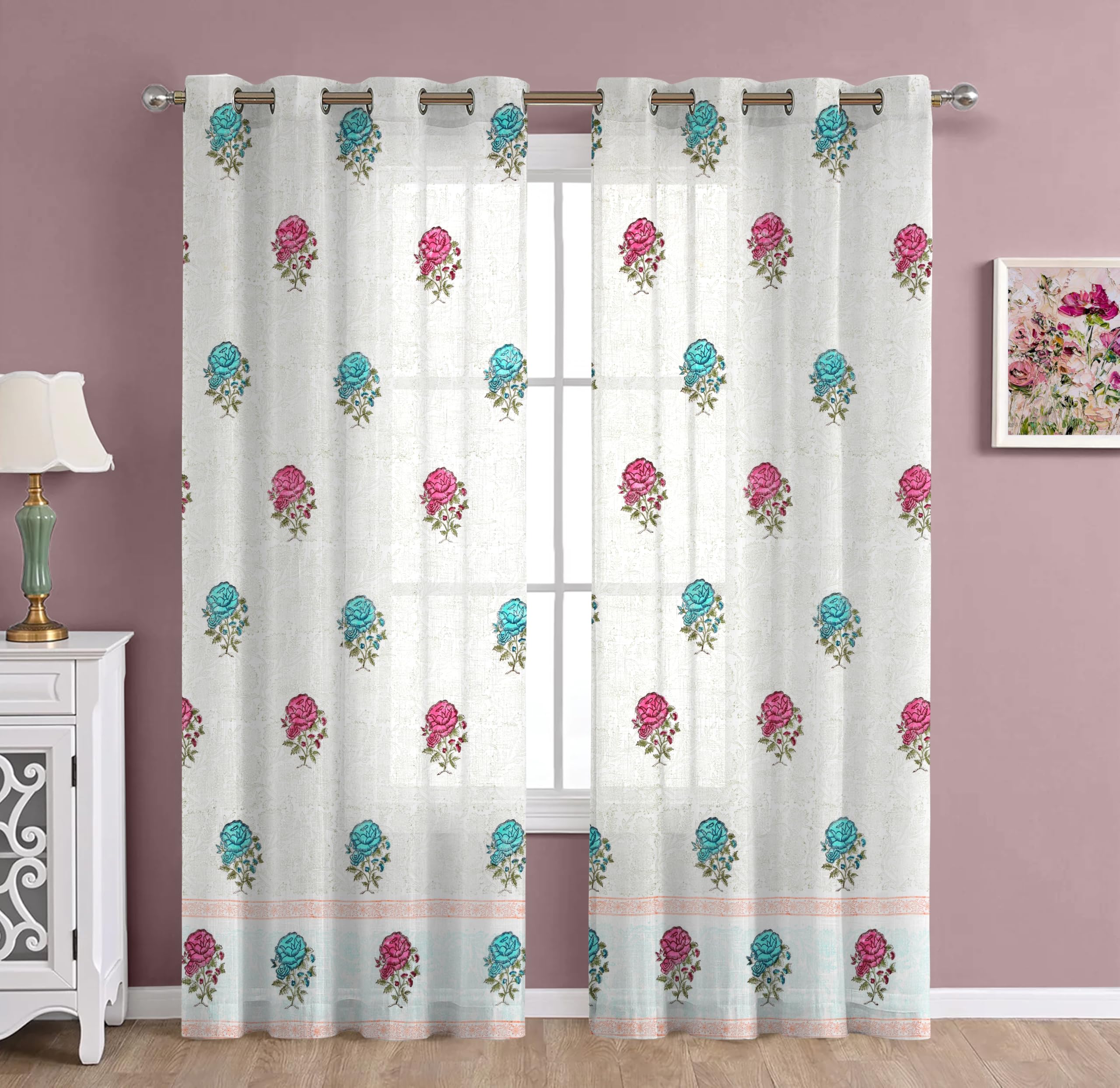 THE LINEN COMPANY Cotton Sheer Printed Curtain for Window Bedroom and Living Roonm Home décor Set of 2 (04 Feet,Royal Rose)