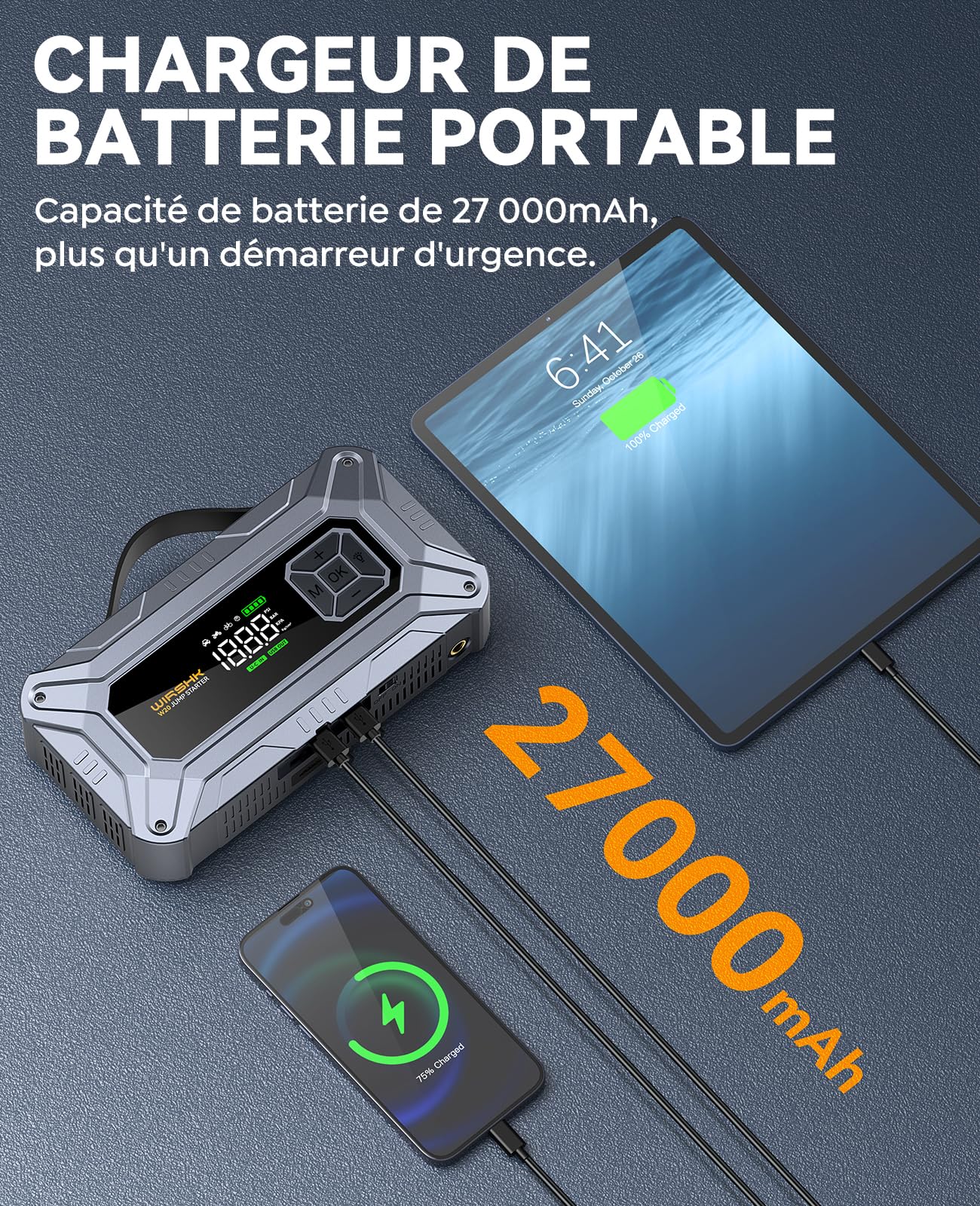 Booster Batterie Voiture 8000A avec Gonfleur Pneus 160PSI - Démarreur de Batterie - Compresseur Voiture - pour Moteurs Essence & Diesel jusqu'à 10L - Affichage LCD & LED de Secours | Pour tous les moteurs à essence et diesel de 10 l, 27 000 mAh, câble de
