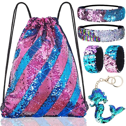 Mermaid Reversible Sequin Drawstring Backpack/Bag Blue/Purple for Kids Girls One_Size