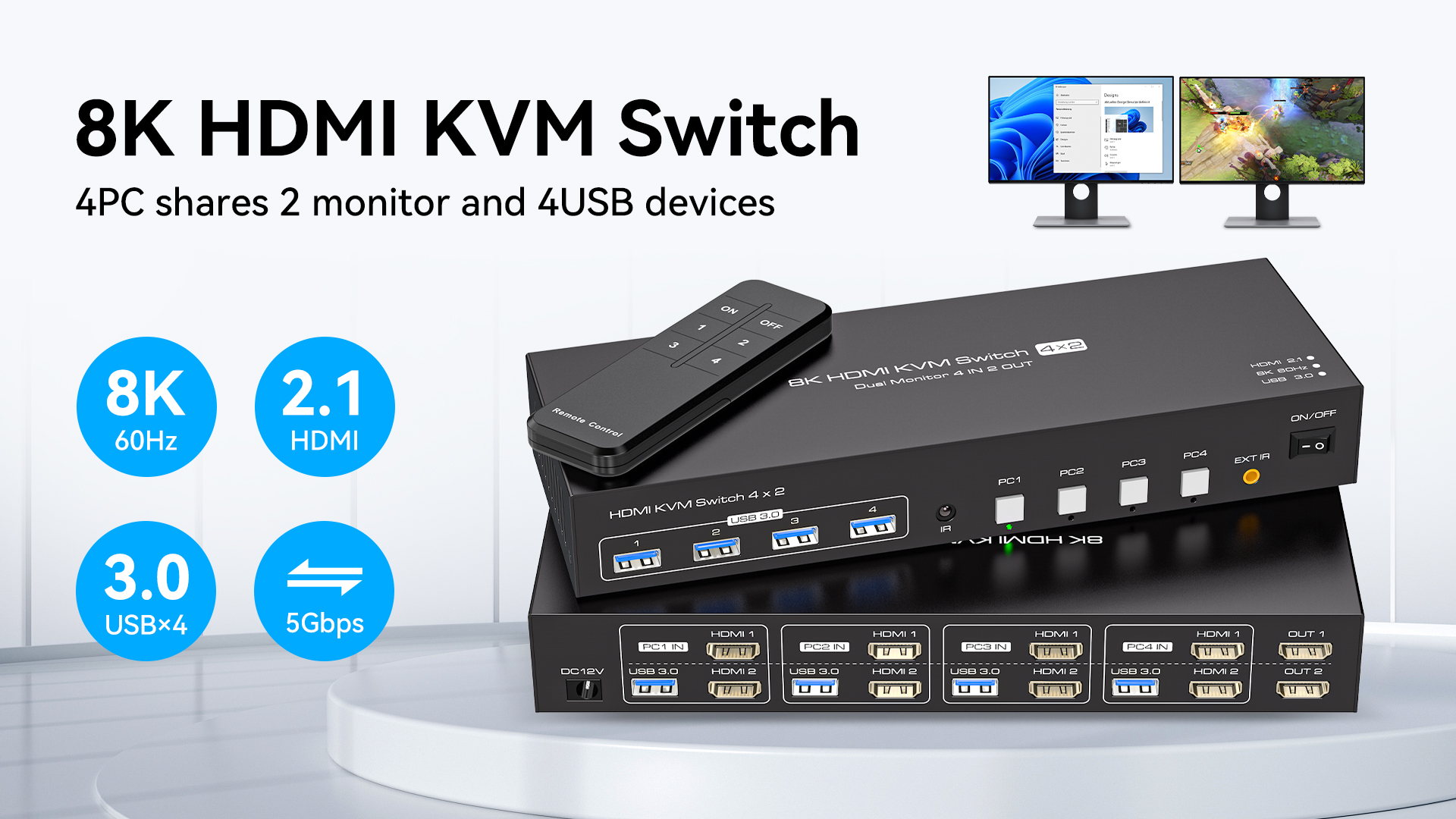 KVM Switch HDMI 10 Porte 4K@60Hz - Condivisione 1 Monitor E 4 USB Per 10 PC, Con Telecomando - Foto 10