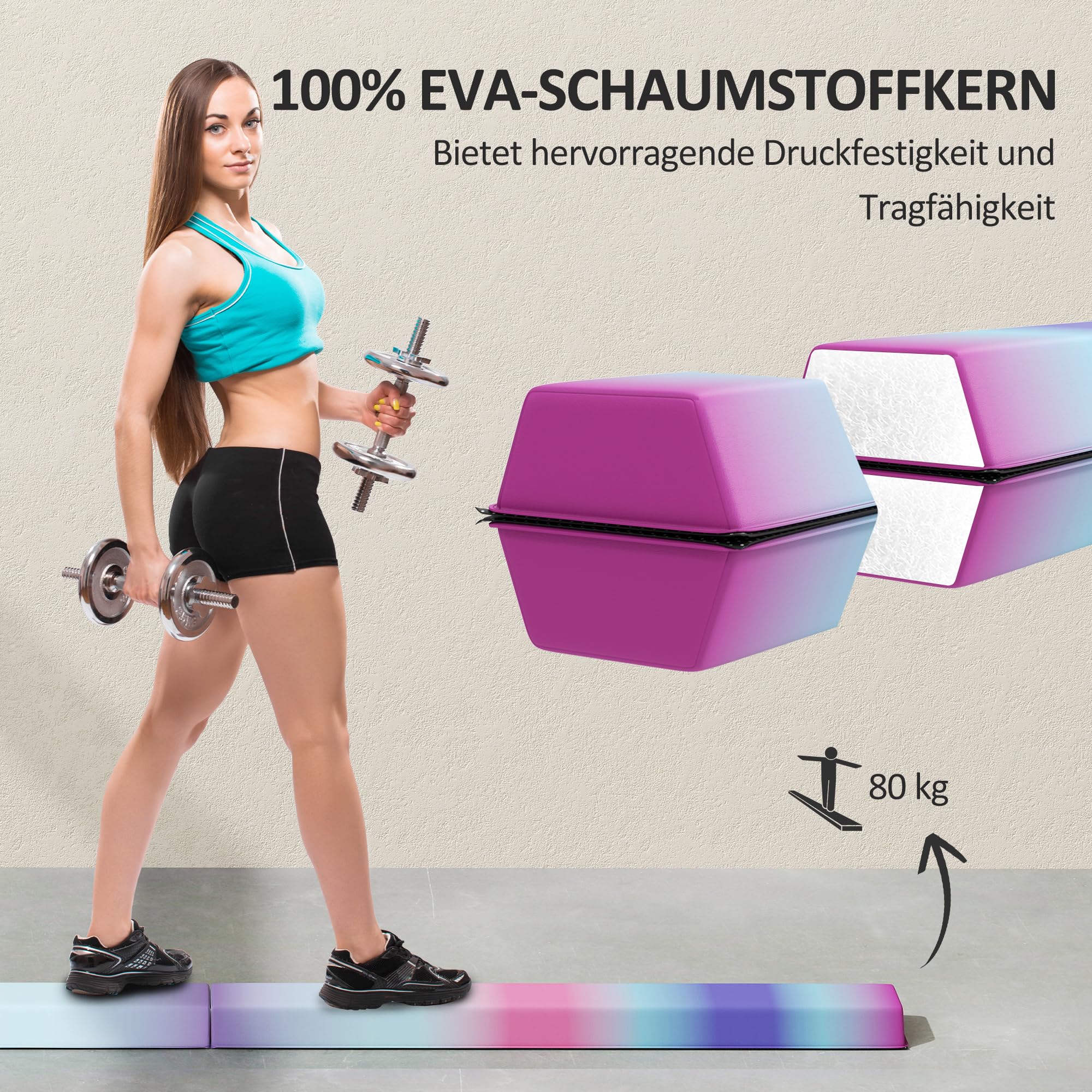 SPORTNOW 236 cm Klappbarer Schwebebalken, tragbar Turnbalken, rutschfest Balance Beam, Turn- und Balancierbalken bis 80 kg, für Kinder ab 3 Jahre, Indoor & Outdoor