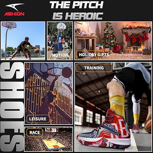 Miniatura 7 de ASHION Zapatos de baloncesto para hombre, tenis de baloncesto medios, antideslizantes, para entrenamiento con amortiguación al aire libre
