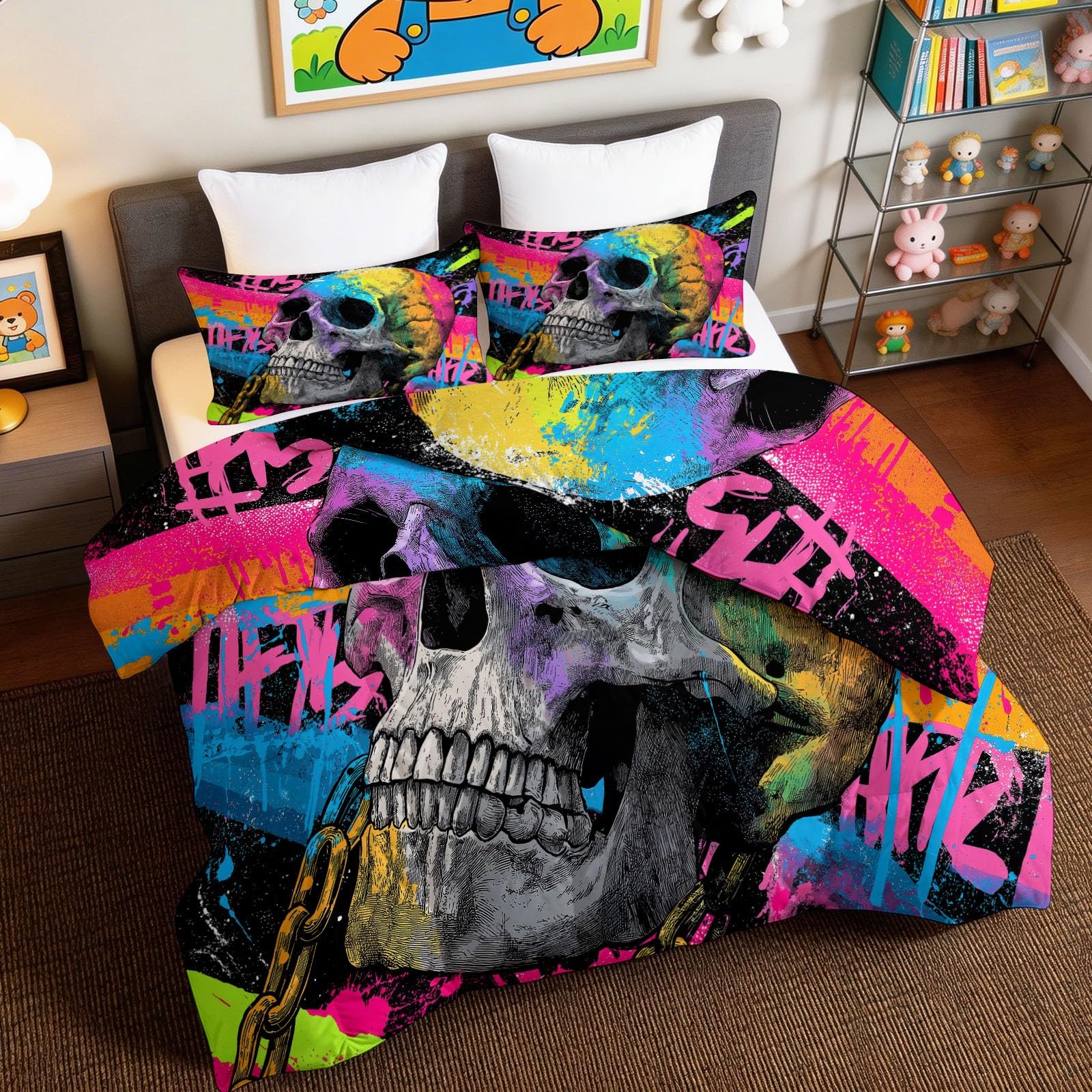 Edredón lavable 155x220 cm con diseño de calavera negra y fundas de almohada