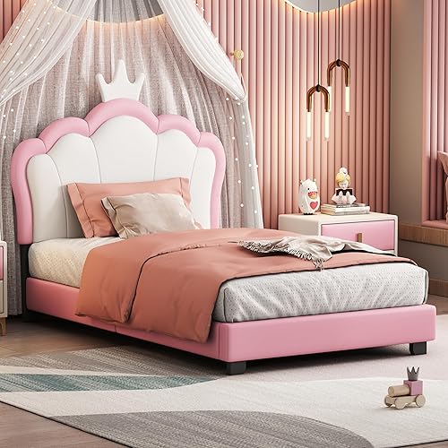 QVUUOU Cama de plataforma tapizada rosa, cama divertida con elementos de dibujos animados, cama de princesa con cabecera en forma de corona, marco QVUUOU Cama de plataforma tapizada rosa, cama divertida con elementos de dibujos animados, cama de princesa con cabecera en forma de corona, marco