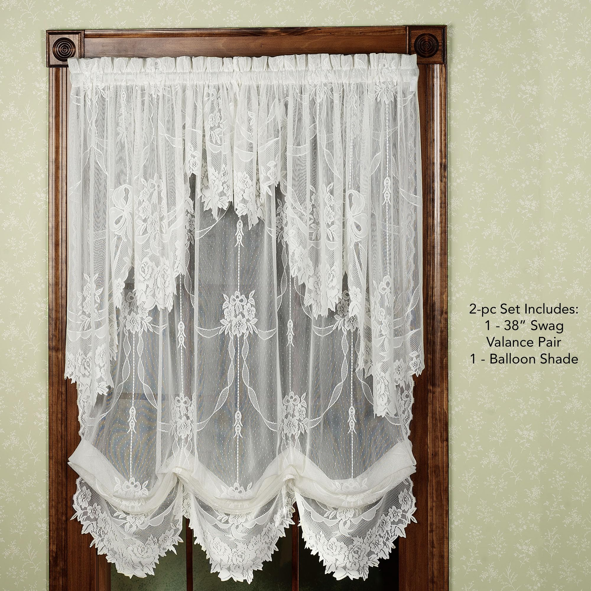 Romantic Garland Lace Window Treatments | Antique White | Hand-Cut Floral and Leaf Designs in Solid Color Fine-Gauge Polyester Jacquard Lace | Rod Pocket Drapery Set: Balloon Shade & Swag Valance Pair