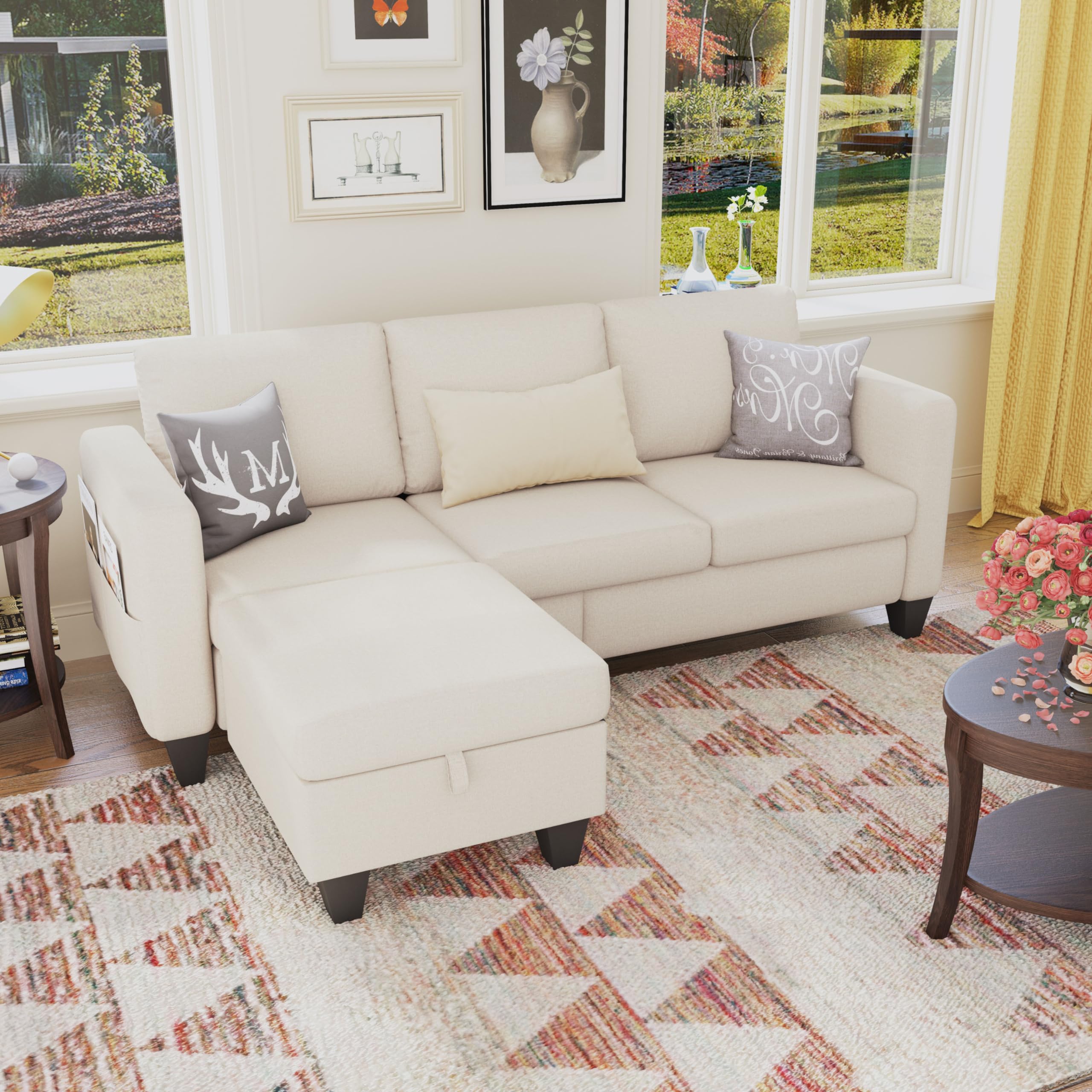 (incomplete box 1 of 2)Lonkwa 78'' Convertible Sectional Sofa Couch, Beige 3 Seat L-Shaped Couch with Storage Ottoman, Modern Linen Fabric Couches for Living Room, Apartment, Office, Small Space