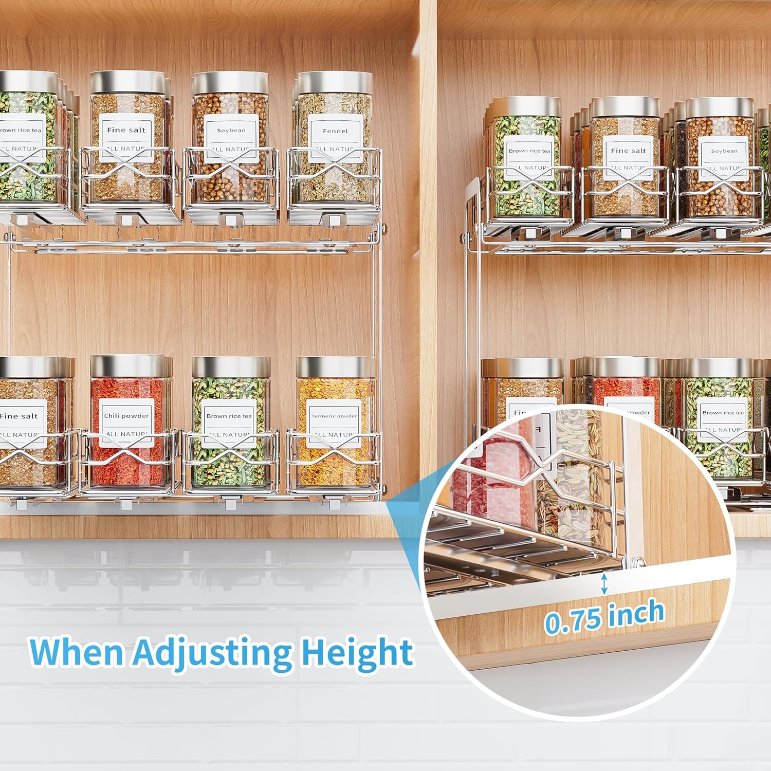 Spice Rack Organizer, Heavy Duty Vertical Spice Rack Pull Out for Cabinet, 2 Tier Metal Spice Rack for Kitchen, Pantry, Easy to Install & Smooth Sliding, Chrome, 11”W x 10.5”D x 9.5”H