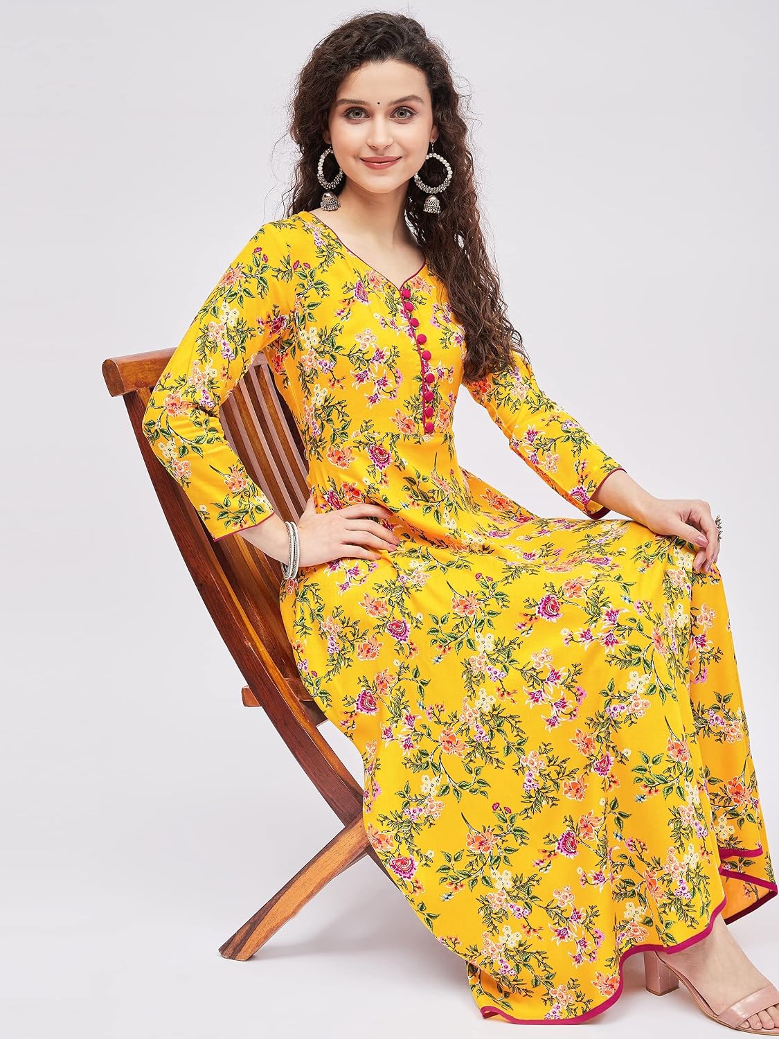 Tissu Women's Rayon Yellow & Rani Floral Printed A-Line Kurta