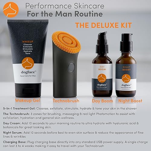 Miniatura 2 de Dogface Kit Deluxe - Cepillo facial de luz roja para hombre, cerdas de silicona exfolian y limpian, ácido hialurónico hidrata e hidrata, suero