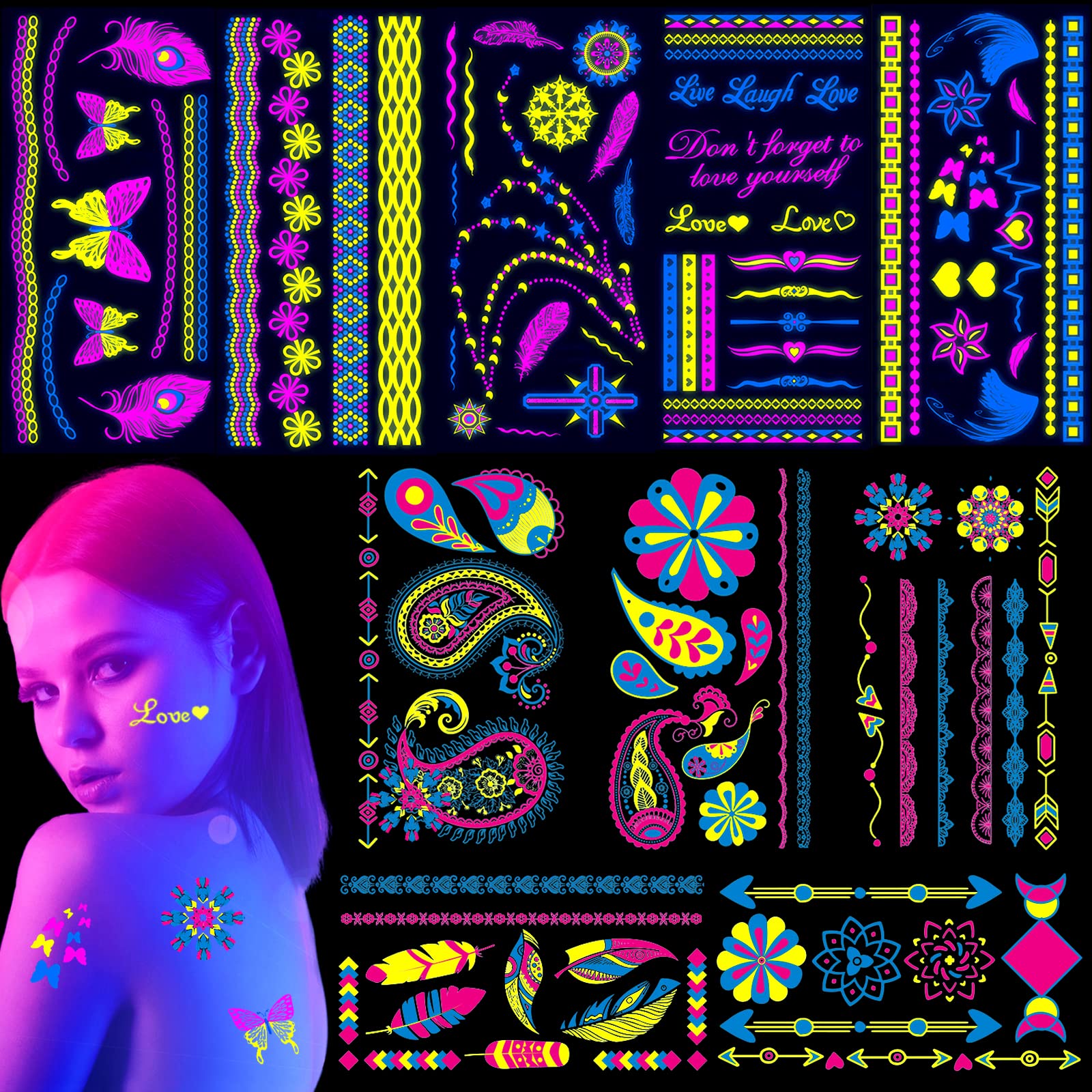 AOT 10 Sheets Neon Temporary Tattoos, Glow in the Dark Black Light Face Body Tattoos Flash Fake Waterproof Tattoo Stickers for Women Party Supplies, 10.0 count