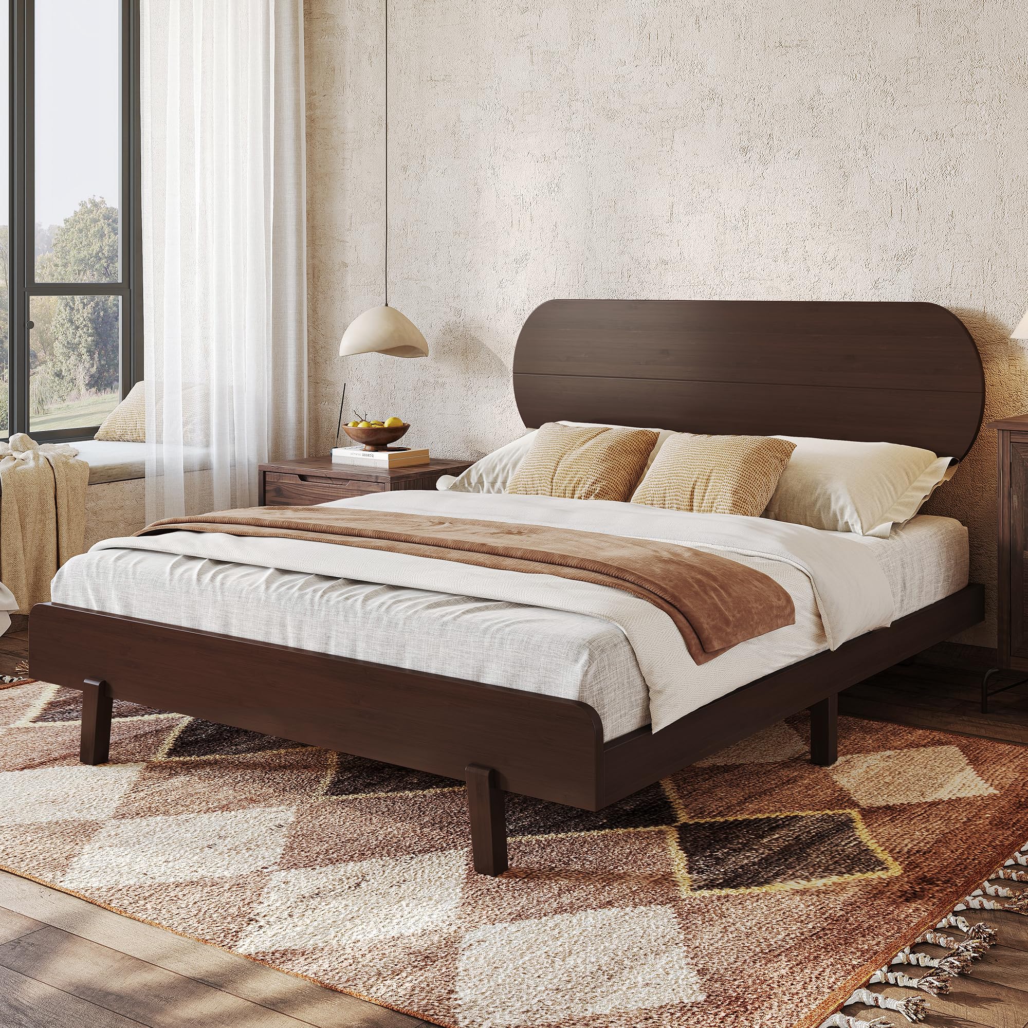 Bellemave Queen Size Bamboo Bed Frame with Headboard,Bamboo Platform Bed Frame Queen Size with Rounded Headboard and Wood Slats,Easy Assembly,Espresso
