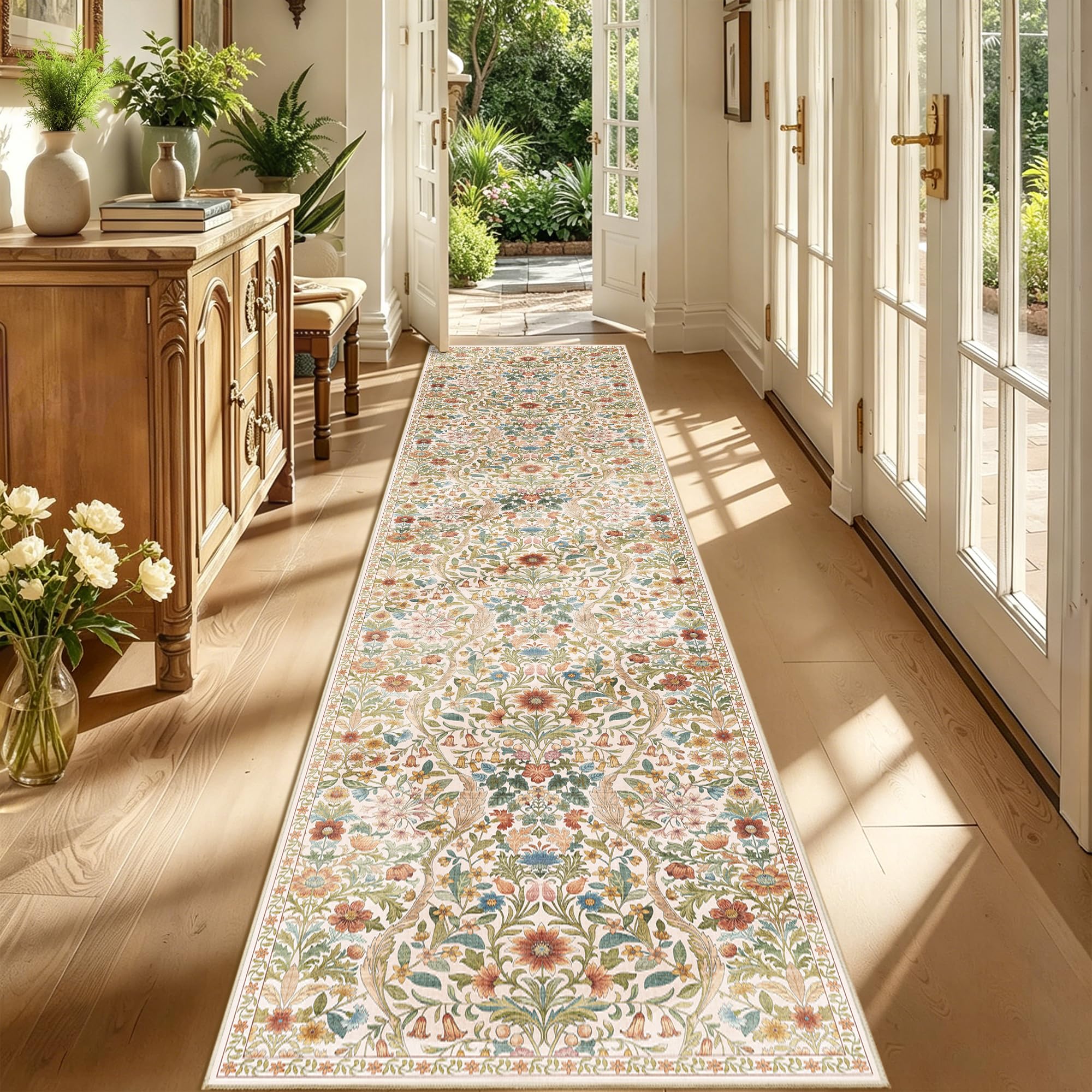 3x12 Floral Runner Rug for Kitchen Washable Hallway Runner Rug