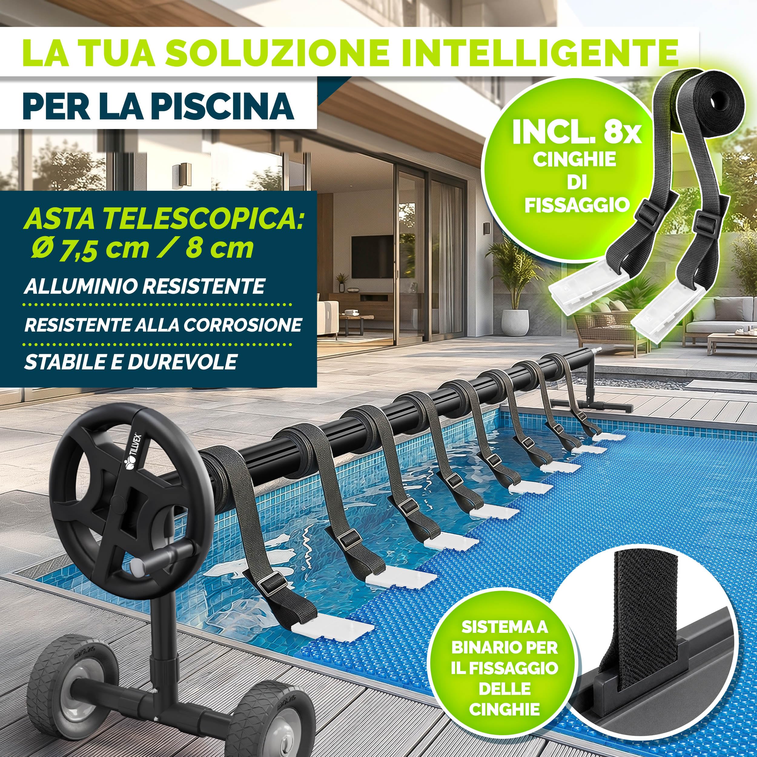 tillvex Rullo Avvolgitore per Telo da Piscina 3-5,70 m con termometro e nastri di fissaggio | Sistema di avvolgimento per Teli solari | Dispositivo di avvolgimento per Teli per Piscina e coperture