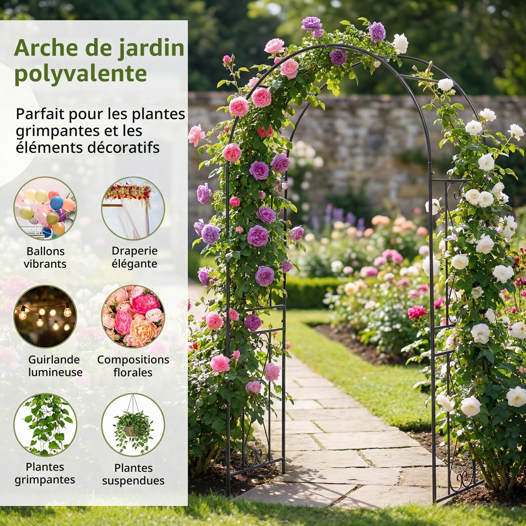 HOMASIS Arche de Jardin pour Plantes Grimpantes, Tonnelle incurvée de Mariage avec Treillis, 4 Piquets de Sol, Décoration pour Intérieur Extérieur, Noir (120 x 56 x 220 cm)