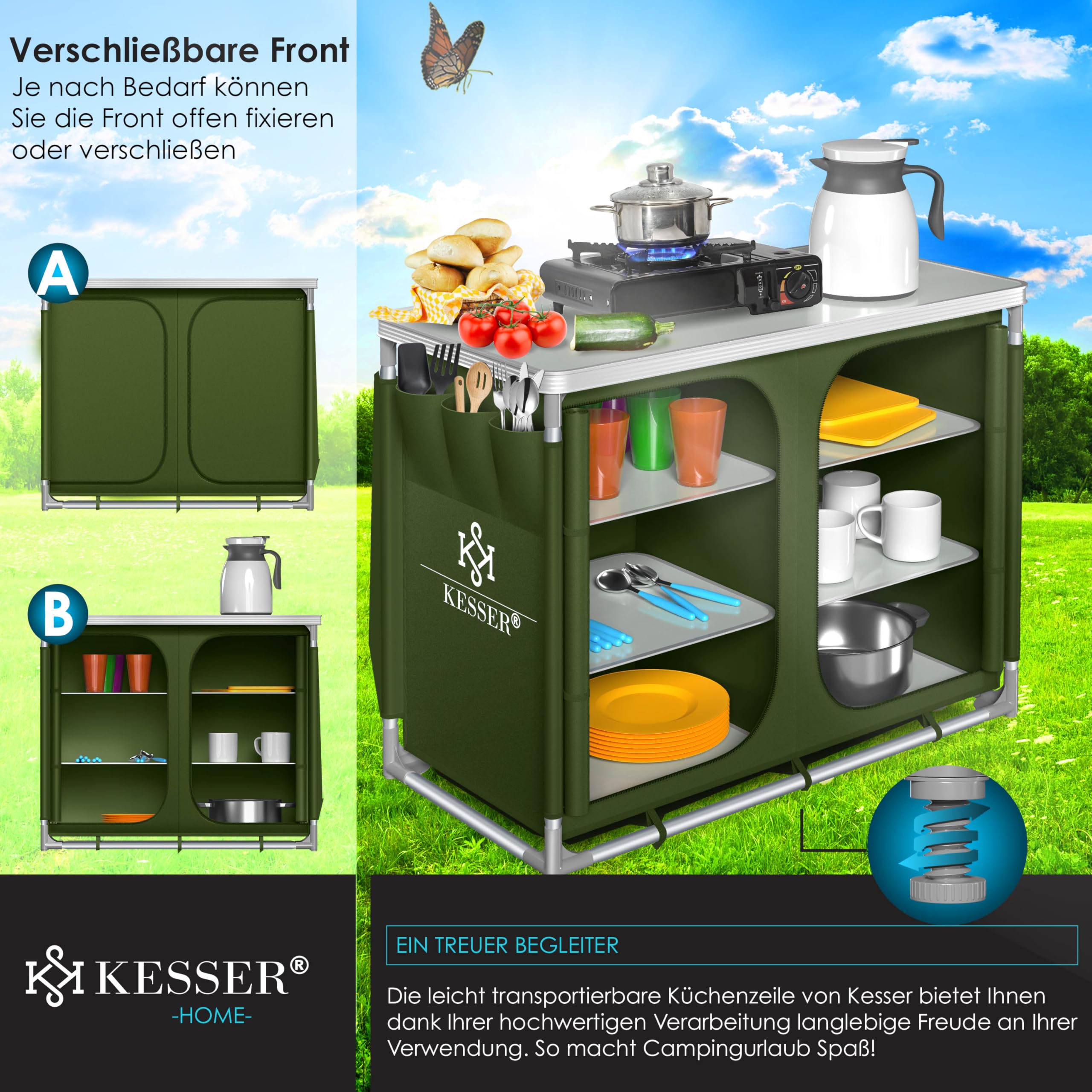 KESSER® Cucina da campeggio, con borsa per il trasporto e set di bicchieri, armadietto da campeggio pieghevole, con struttura in alluminio, cucina da viaggio, armadietto da campeggio, cucina
