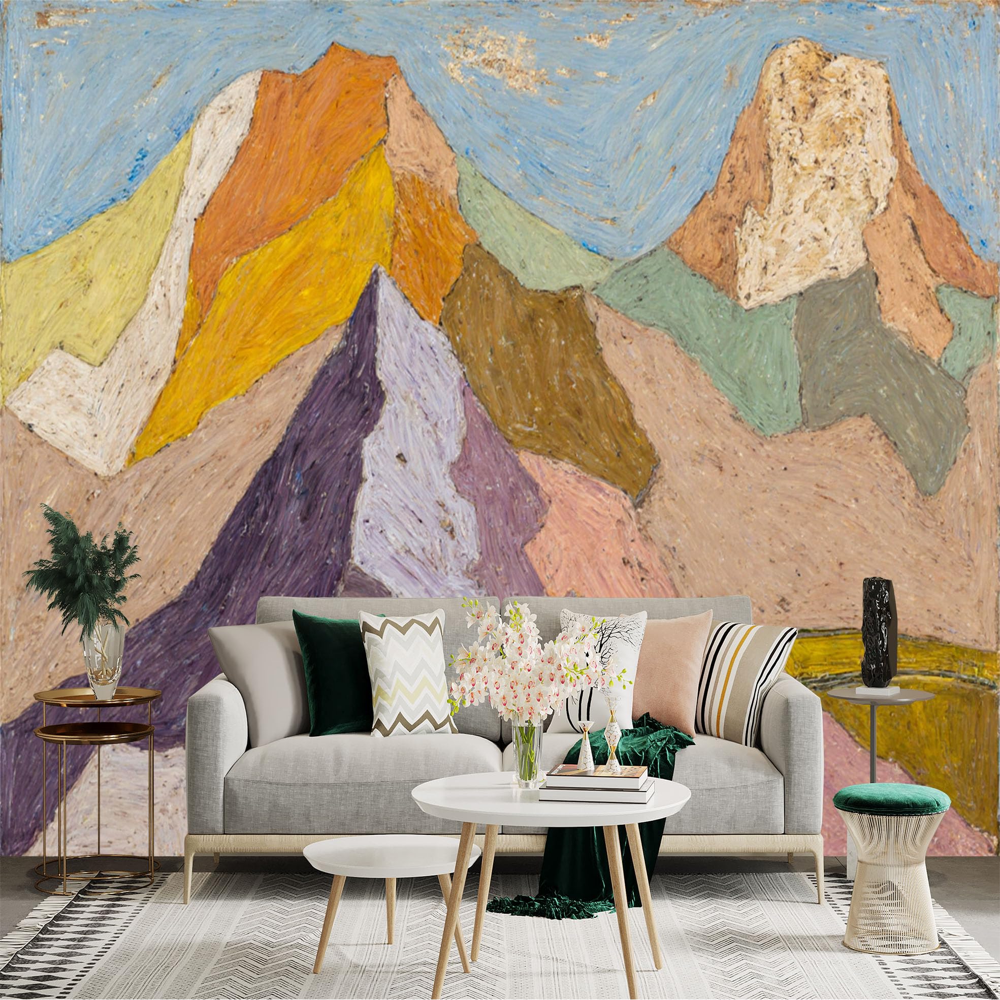 Custom Size Wall Sticker Mural， Abstract Colorful Mountain Landscape， Oil Painting Texture， Earth Tone Peaks， Modern Artistic Scenic View， for wall Decoration， peelandstick wall Decals.