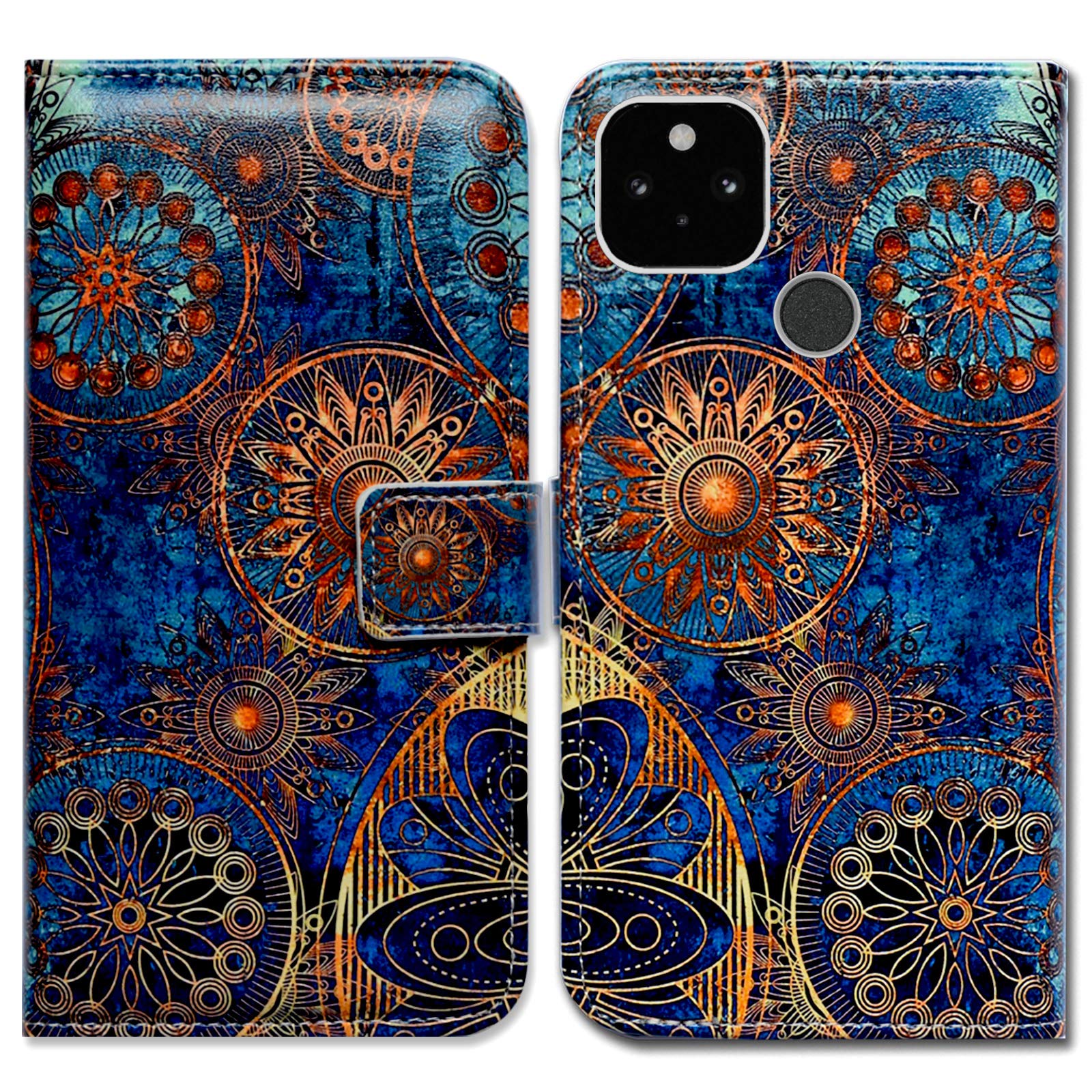 Bcov Google Pixel 5 Case, Gorgeous Colours Circle Mandala Leather Flip Phone Case Wallet Cover with Card Slot Holder Kickstand for Google Pixel 5
