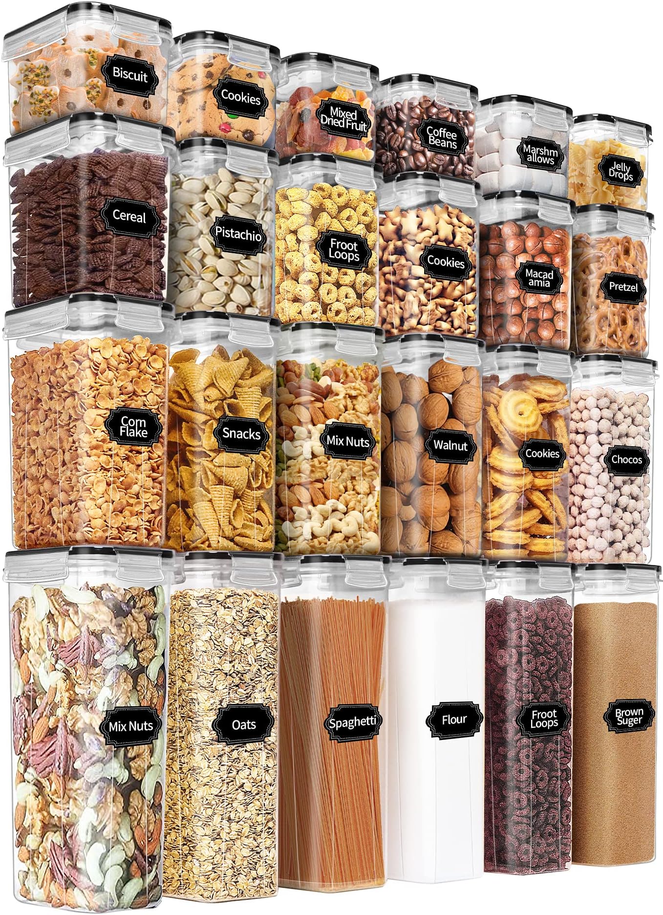 PRAKI Airtight Food Storage Containers Set with Lids - 24 PCS, BPA Free Kitchen and Pantry Organization, Plastic Leak-proof Canisters for Cereal Flour & Sugar - Labels & Marker