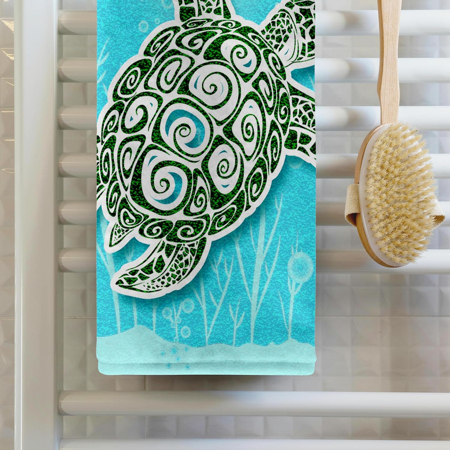 3dRose Stylized Green Sea Turtle in Turquoise Blue Water Scrapbook Style 22x30 Bath Hand Pool Towel