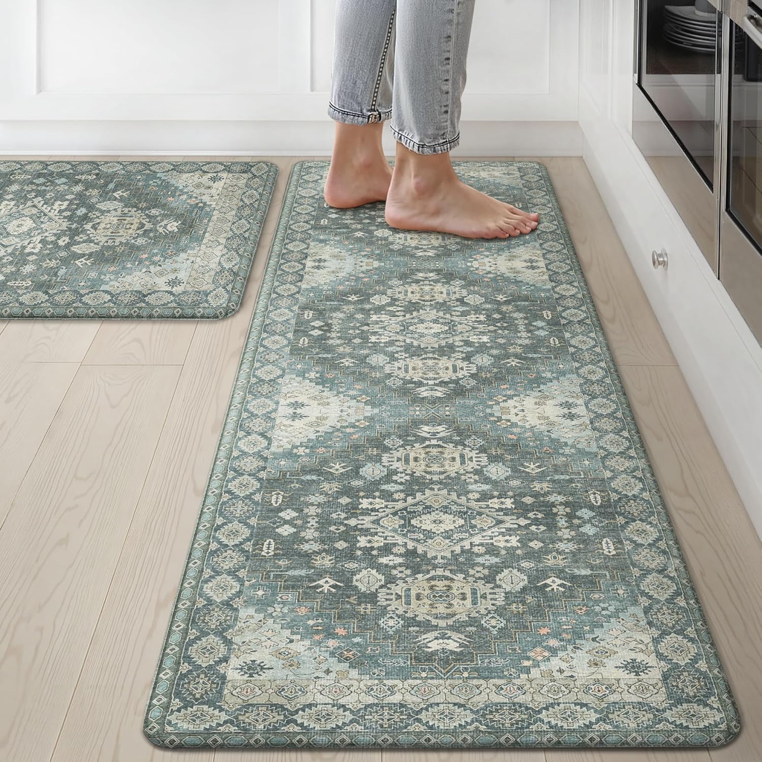 GENIMO Kitchen Mats for Floor, 2PCS Kitchen Rugs Non Slip Washable, Waterproof Anti Fatigue Mat, Comfort Standing Runner Rug for Sink, Office, Laundry, Home, 17.3"x59"+17.3"x30", Blue