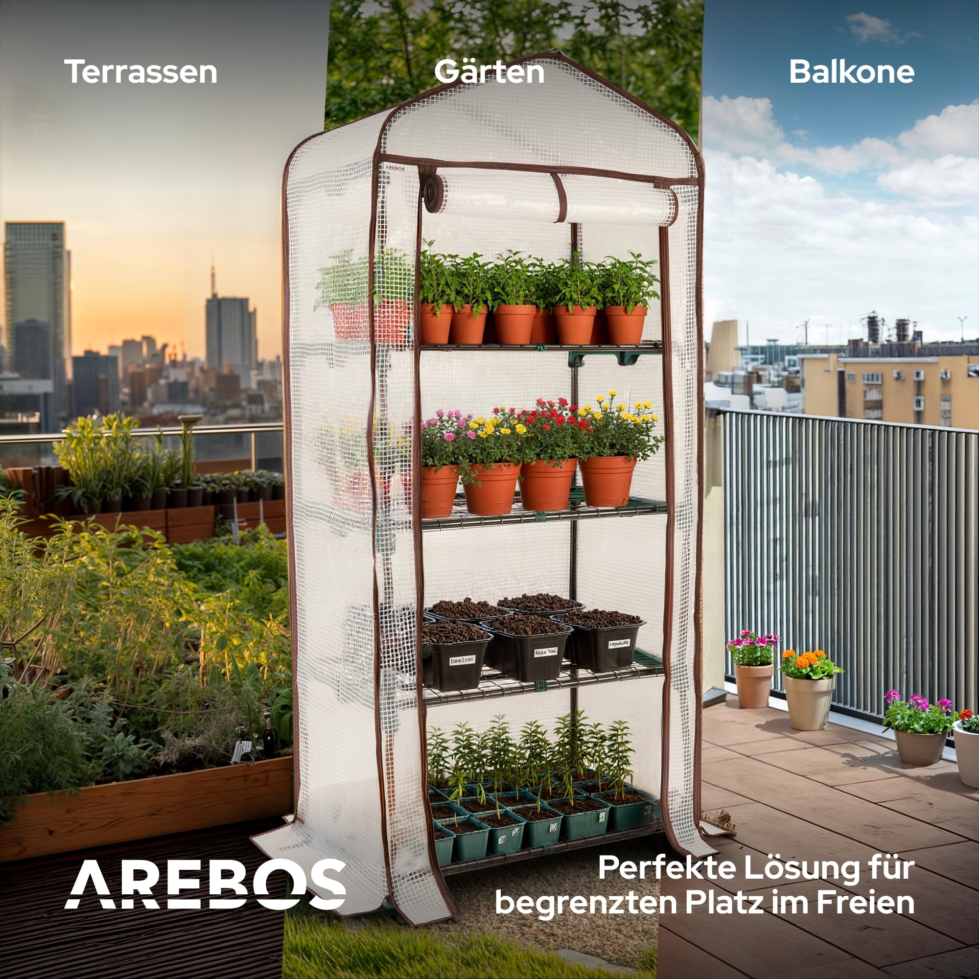 Arebos Premium Foliengewächshaus Gewächshaus mit 4 Etagen - 70 x 50 x 158 cm Treibhaus mit 4 Regalen - Platzsparend, Hochwertiges Anzuchthaus Garten Balkon Stabil & Einfach zu Montieren