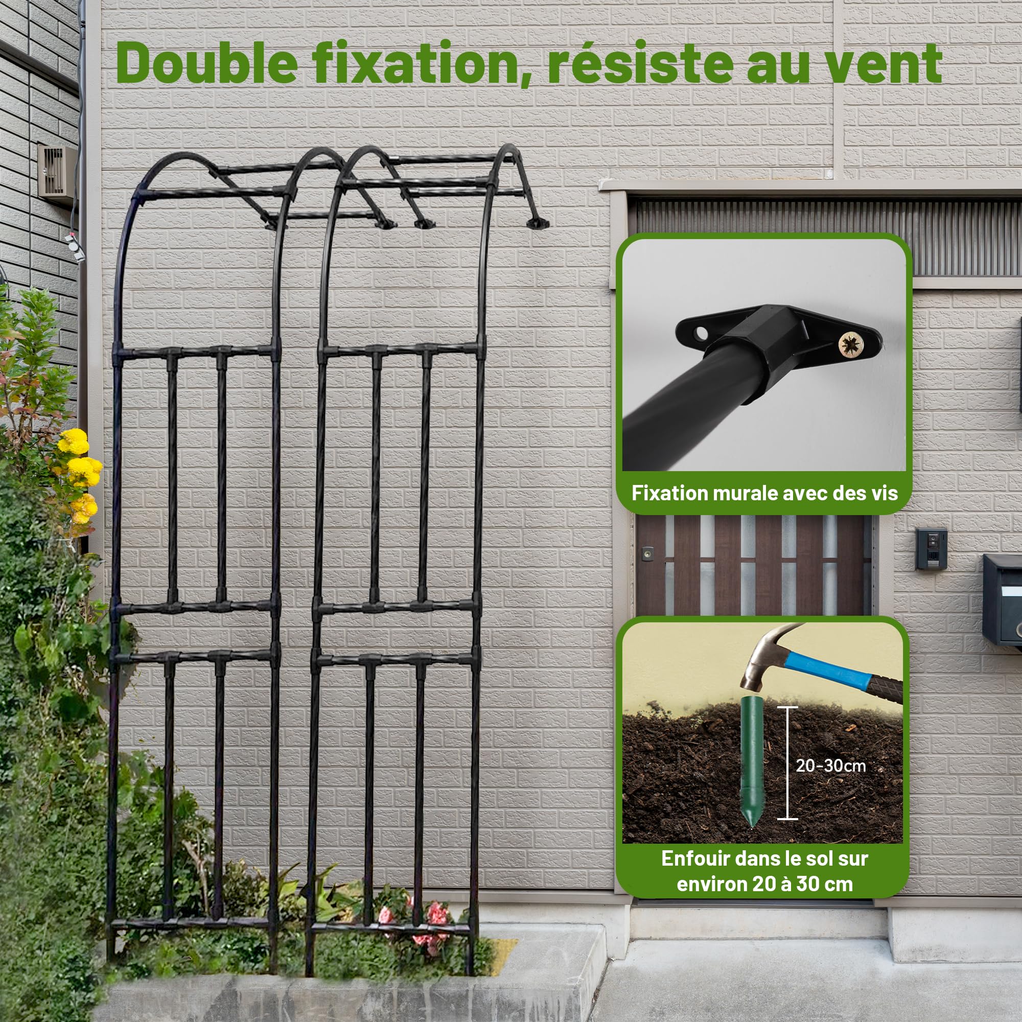 Caroeas Demi Arche de Jardin pour Plantes Grimpantes,120x240x40cm，Arceau Métallique pour Rosiers, Tonnelle Décorative Extérieure, Résistante à la Rouille et à la Décoloration