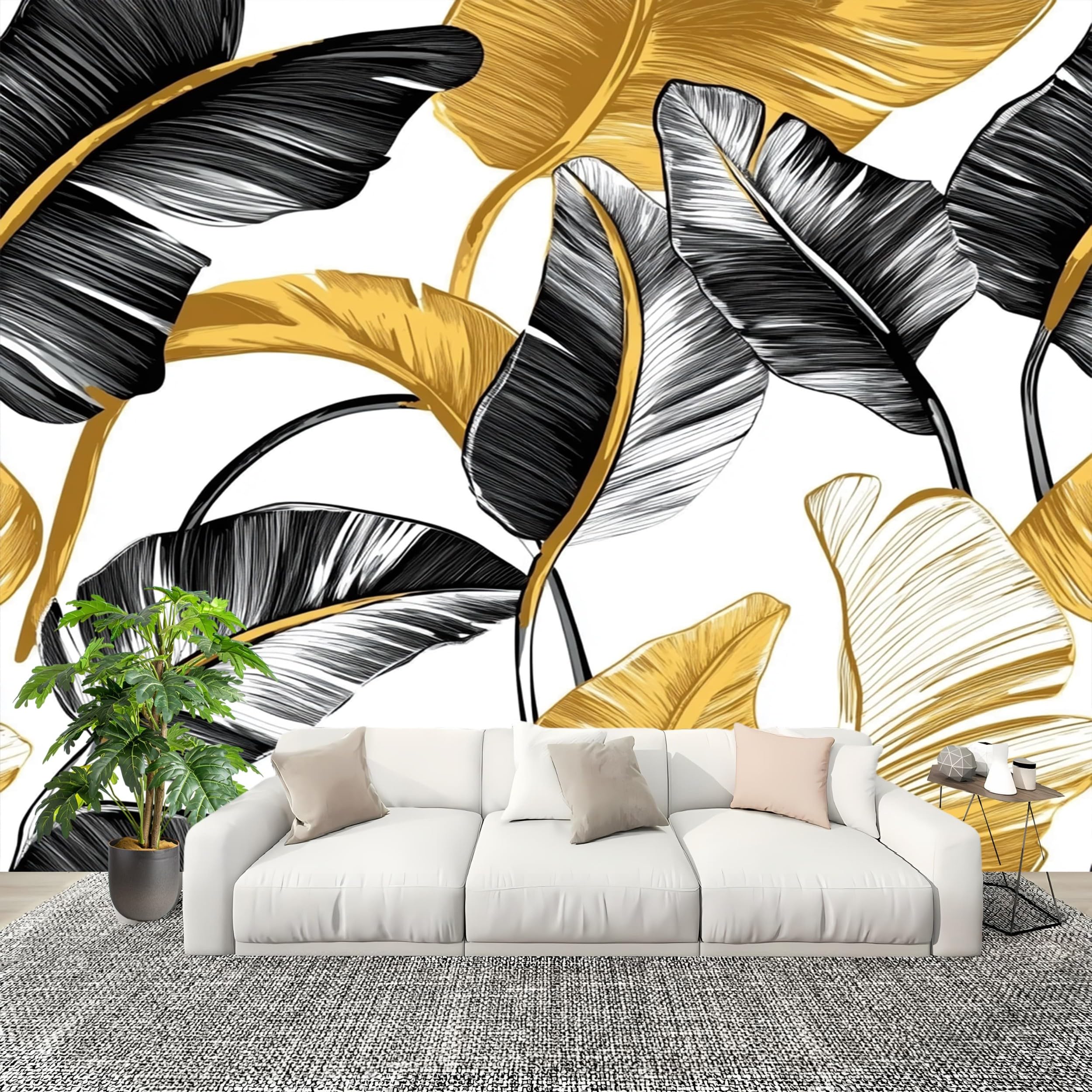 Papier peint panoramique Monstera intissé haut de gamme résistant noir et or