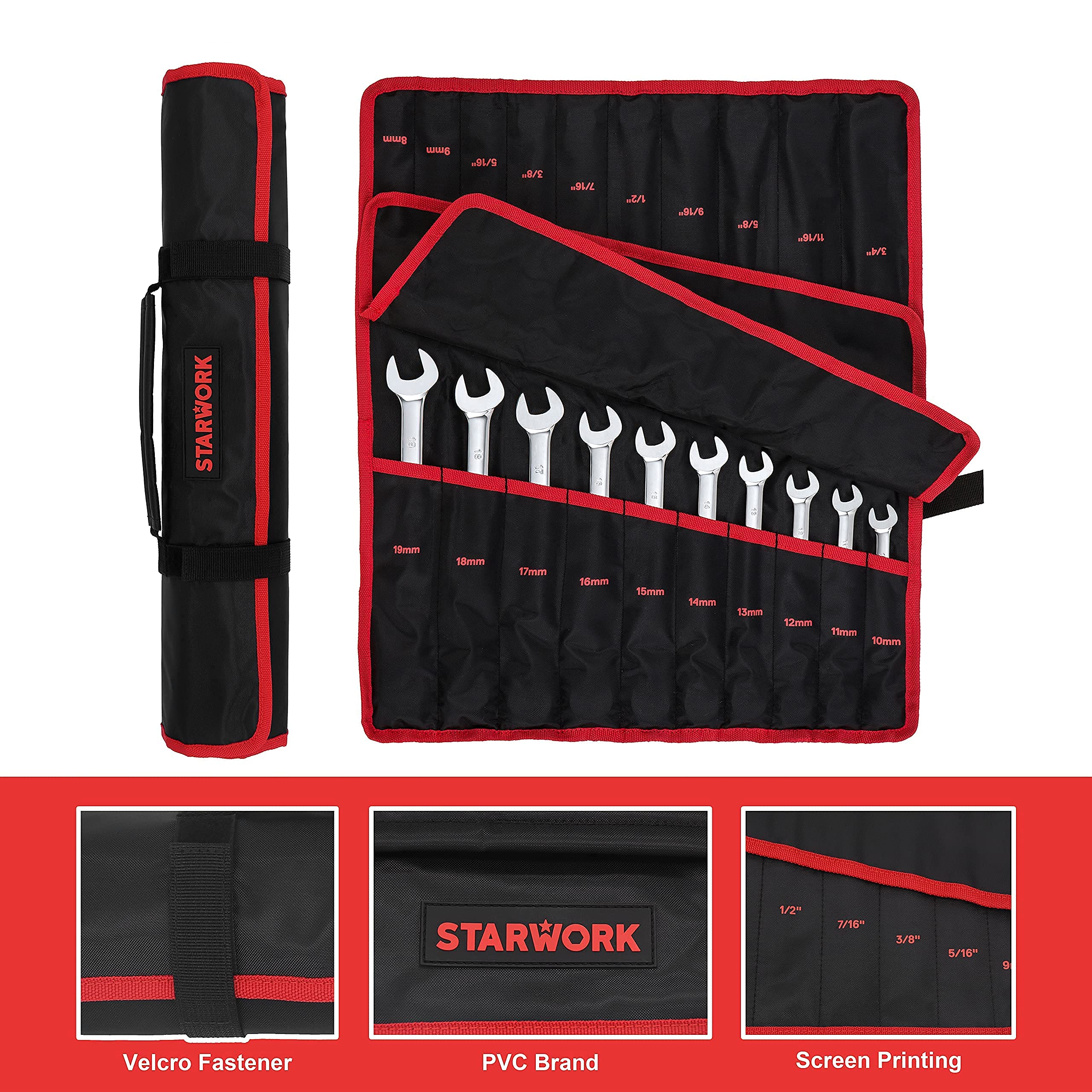 STARWORK True Mechanic™ zestaw dwustronnych kluczy płasko-oczkowych z grzechotką, antypoślizgowe, długi wzór, SAE, metryczny, profesjonalny, z przenośną torbą zwijaną