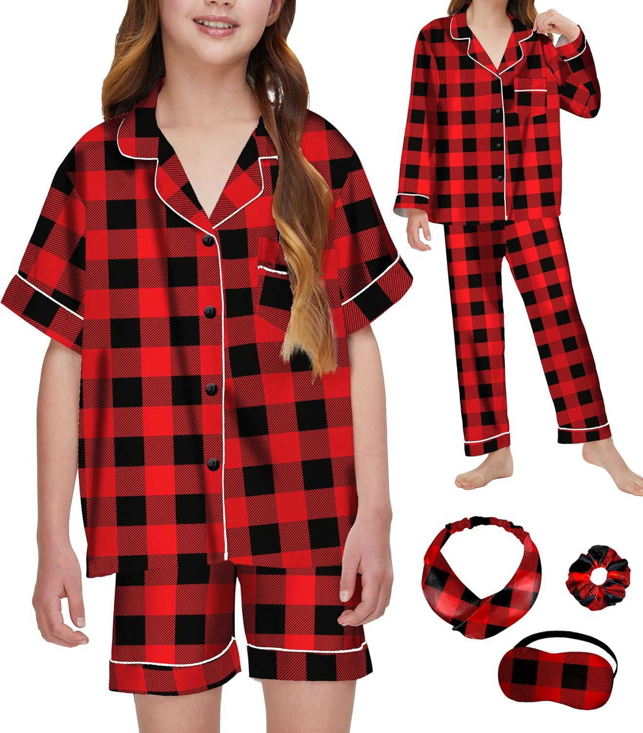 SEALINF 4 Pcs Silk Pajamas for Girls Kids Satin Pajamas Long Short Sleeve Long Pants Shorts Pjs Set with Sleep Mask