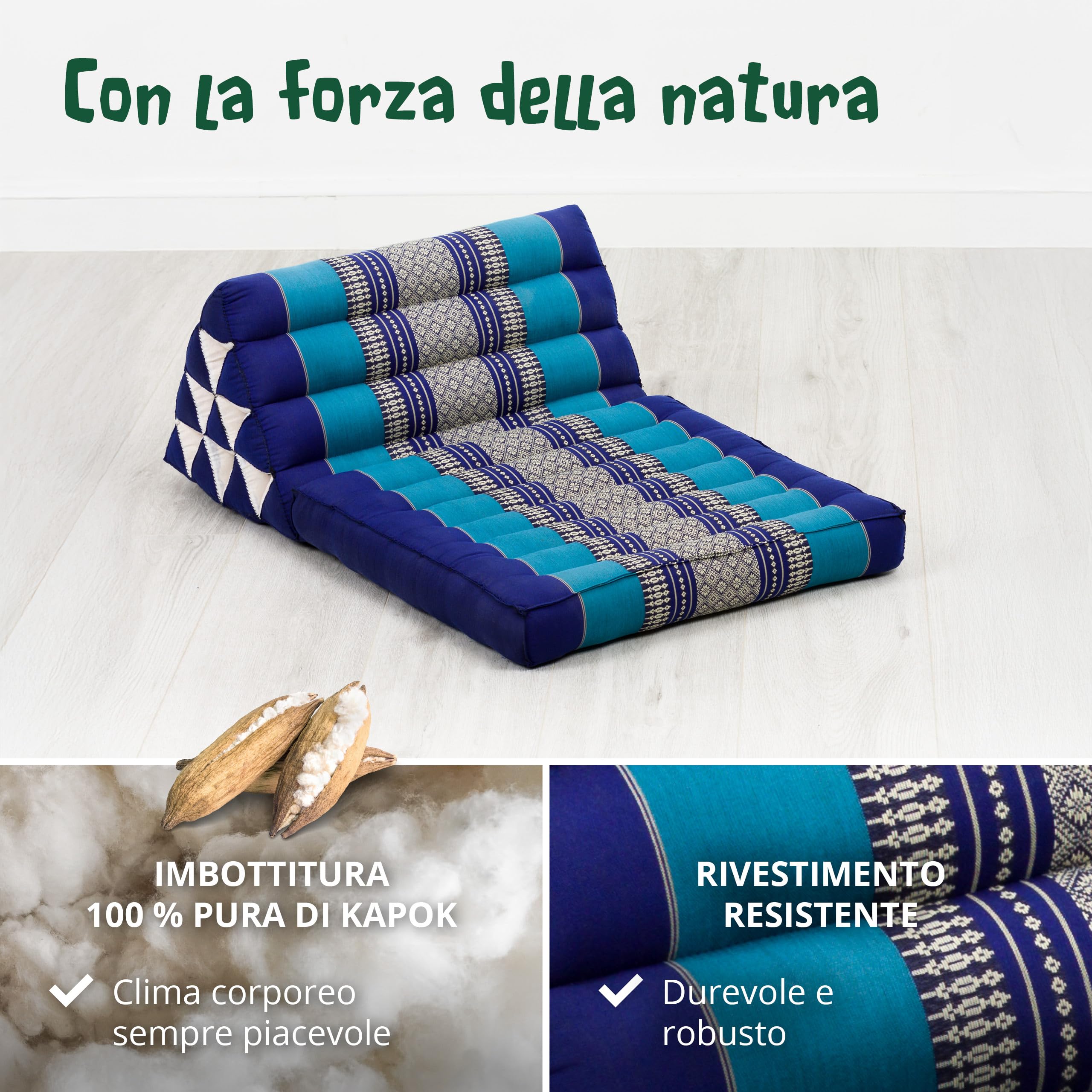 livasia cuscino thai 1 segmento - 75x50x8cm - cuscino triangolare per sedersi, cuneo kapok, supporto lombare pieghevole, materassino thai, fatto a mano (Blu)