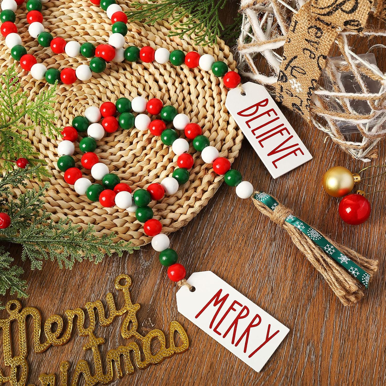 Whaline 2Pcs Christmas Wooden Bead Garlands Red Green White Wood Beads with Merry Tag Tassel Rope Xmas Rustic Wood Bead Garland Classical Hanging Decor for Christmas Party Farmhouse Home