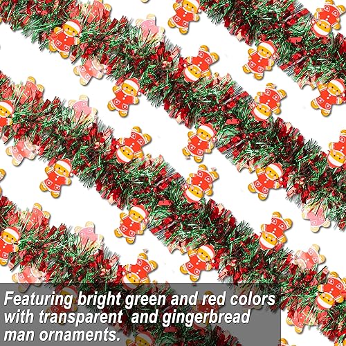 Miniatura 5 de Guirnalda de oropel de Navidad de 50 pies con adorno de hombre de jengibre, guirnalda de Navidad con giro metálico rojo verde brillante para árbol