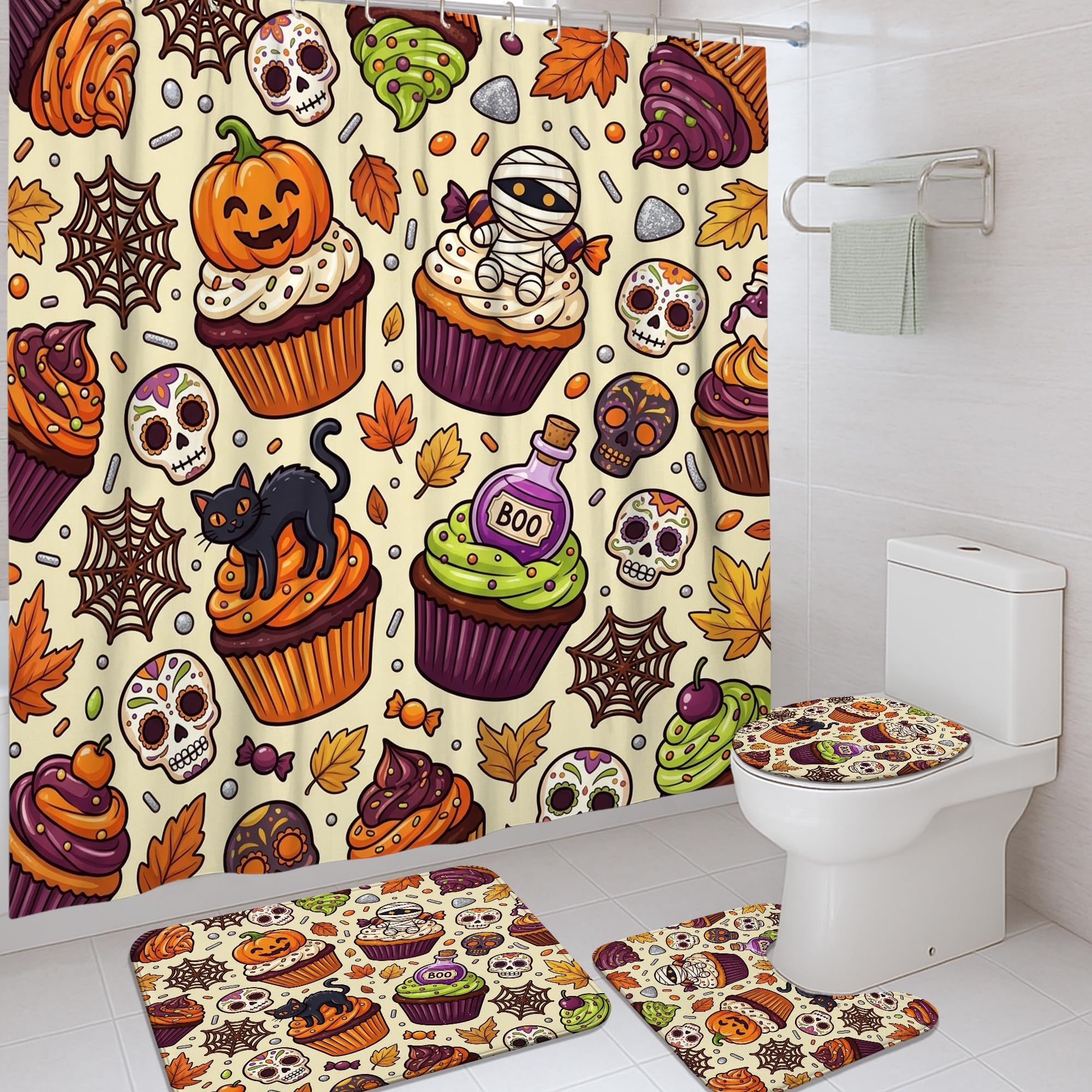 Rideau de douche en tissu imperméable orange 183x183 cm à imprimé citrouilles lavable