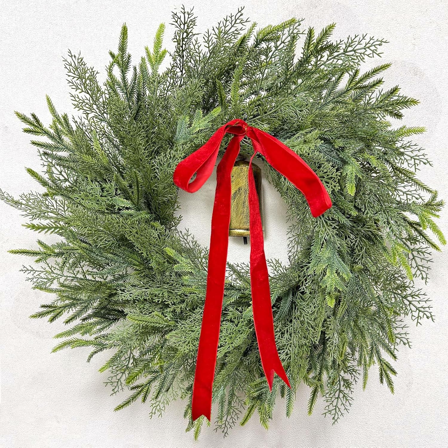 24" large christmas wreaths for front door thick outdoor christmas wreath with norfolk pine cypress branches gold cow bell red bow soft artificial xmas wreath for home door window wall porch indoor 24 inch