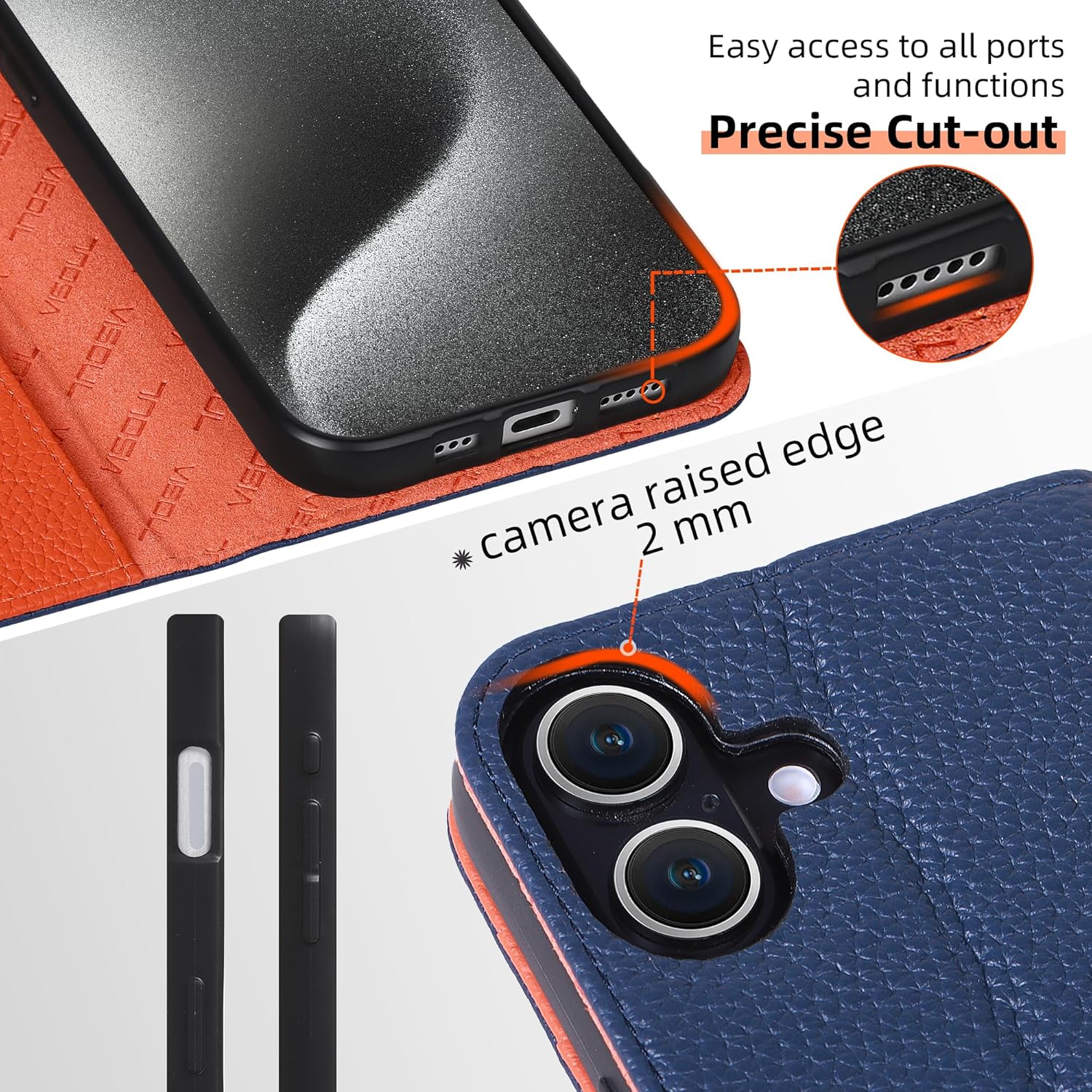 VISOUL Case for iPhone 16 Wallet Case with Card Holders, Pebbled Real Leather Wallet Phone Case with Kickstand Shockproof Flip Folio Case Compatible with iPhone 16 (6.1 inch)-Blue+Orange