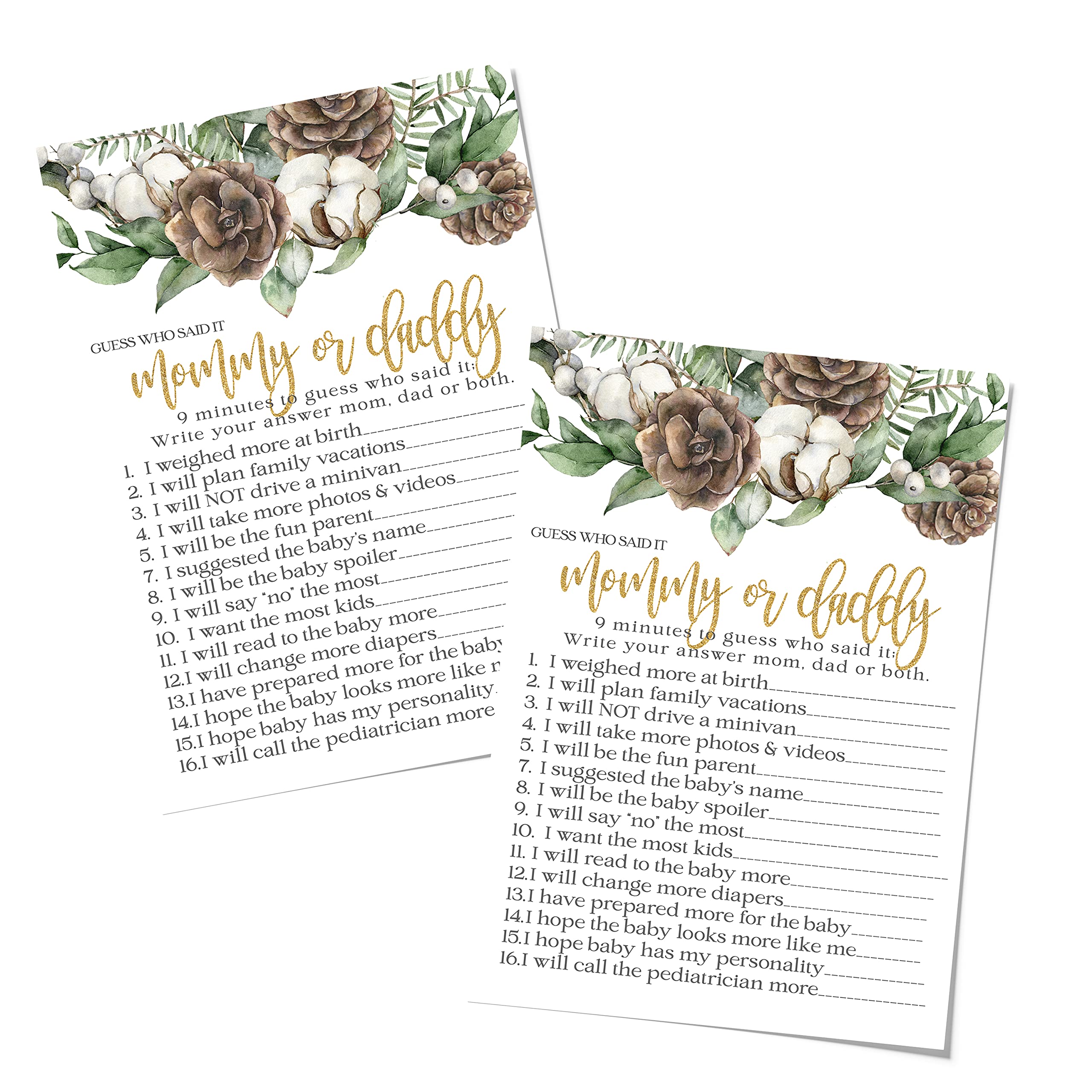 Amazon.com: Winter Floral Mommy or Daddy Baby Shower Game (25 Pack) Guess  Who Guessing Activity Cards - Rustic Greenery Christmas Party Supplies  Printed 5x7 Size - Paper Clever Party: Home & Kitchen