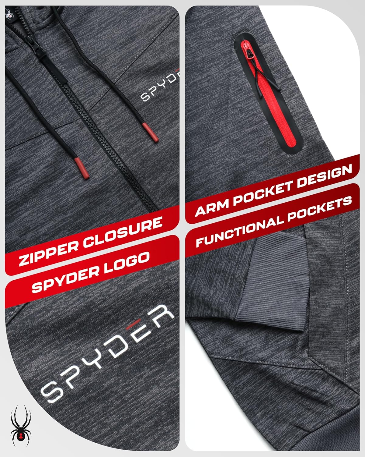 Spyder Mens Active Sweatshirt - Performance Tech Fleece Zip Hoodie Sweatshirt - Workout Full Zip Track Jacket for Men (S-XL) - Image 3