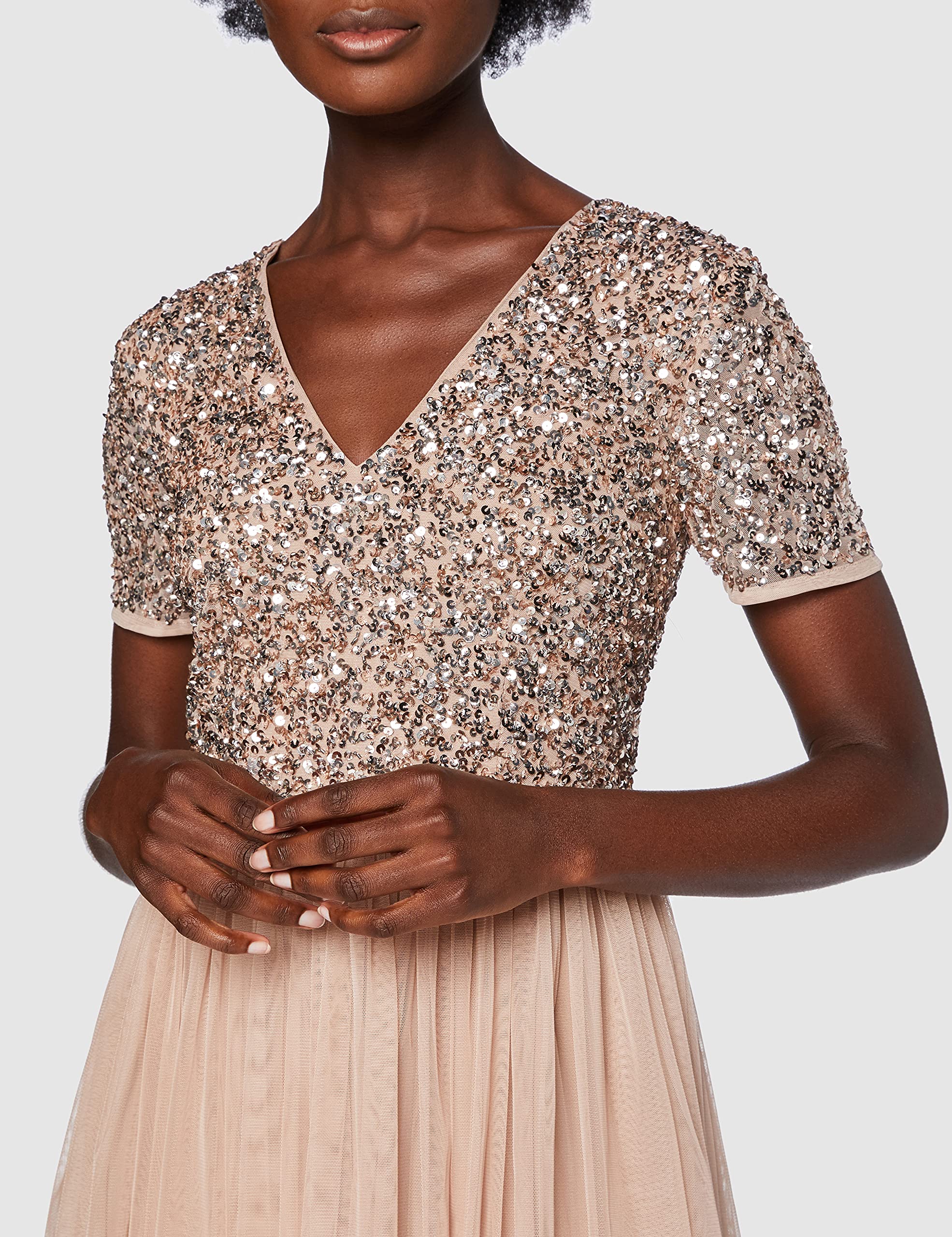 Maya Deluxe Vestido de Noche Midi Adornado para Mujer, Cuello en V con Manga Corta para graduación, Boda Dama de Honor, Rubor Taupe, 38